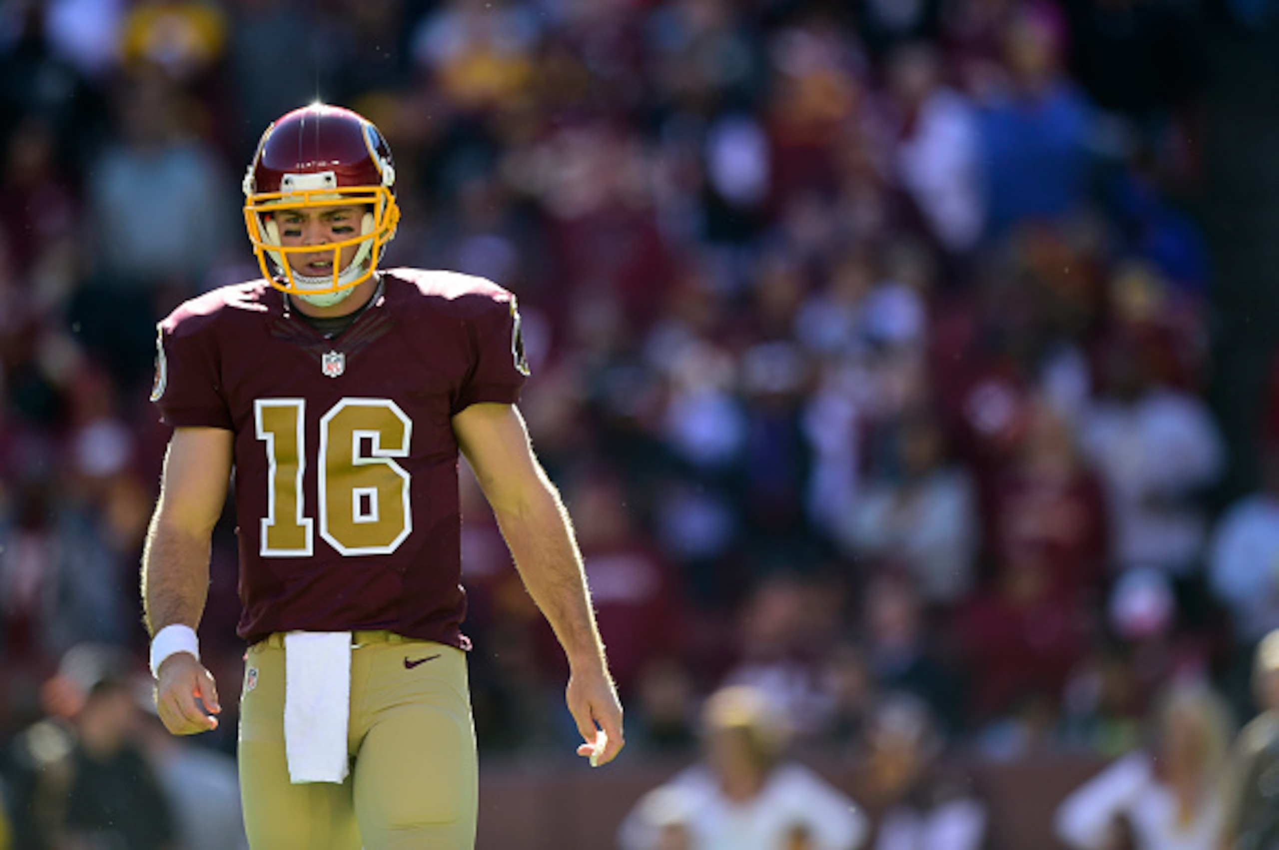 LANDOVER, MD - OCTOBER 19: Colt McCoy #16 of the Washington Redskins waits for play during a game against the Tennessee Titans at FedEx Field on October 19, 2014 in Landover, Maryland. (Photo by Patrick McDermott/Getty Images) LANDOVER, MD - OCTOBER 19: Colt McCoy #16 of the Washington Redskins waits for play during a game against the Tennessee Titans at FedEx Field on October 19, 2014 in Landover, Maryland. (Photo by Patrick McDermott/Getty Images)