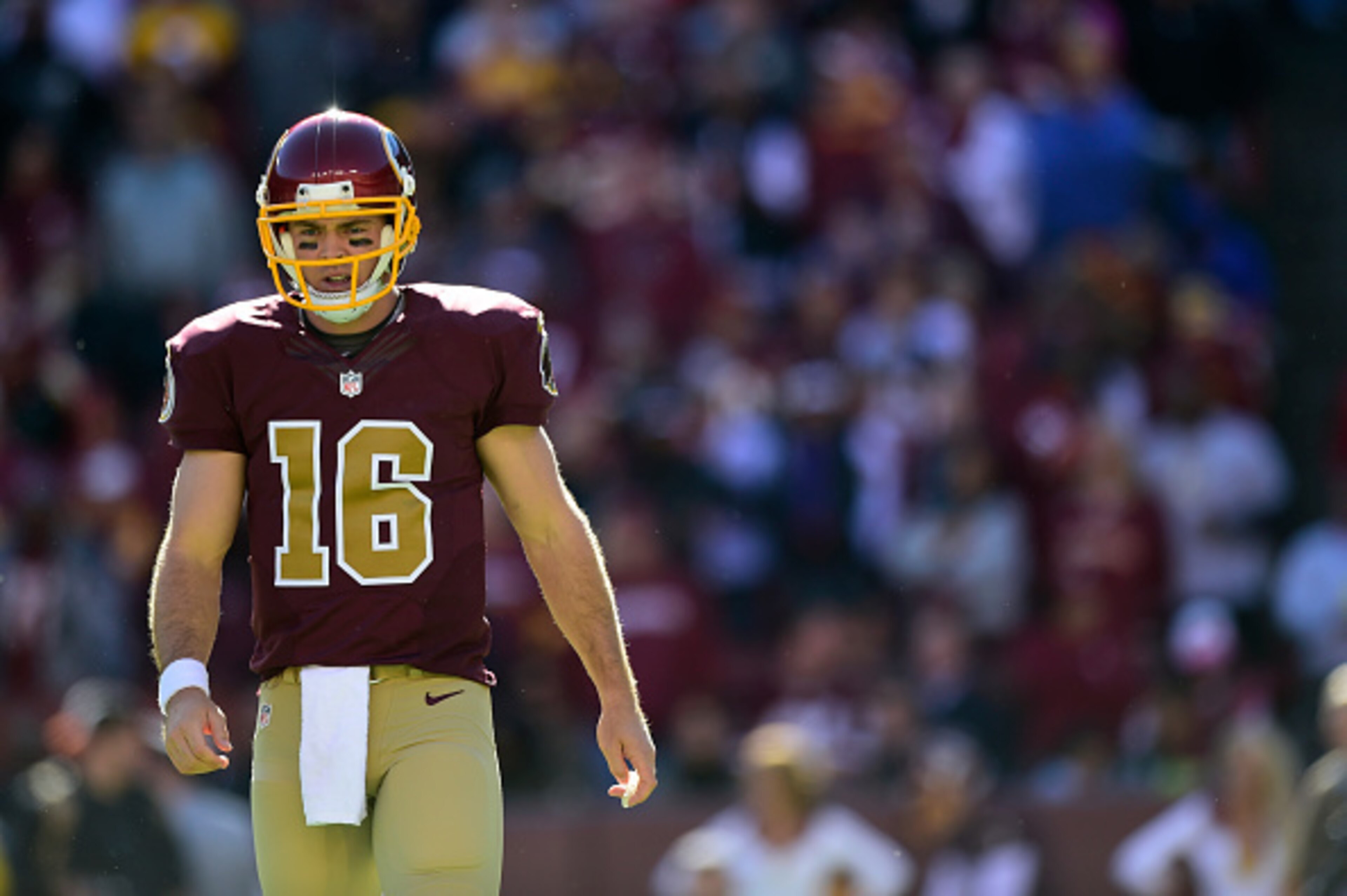 LANDOVER, MD - OCTOBER 19:  Colt McCoy #16 of the Washington Redskins waits for play during a game against the Tennessee Titans at FedEx Field on October 19, 2014 in Landover, Maryland.  (Photo by Patrick McDermott/Getty Images)