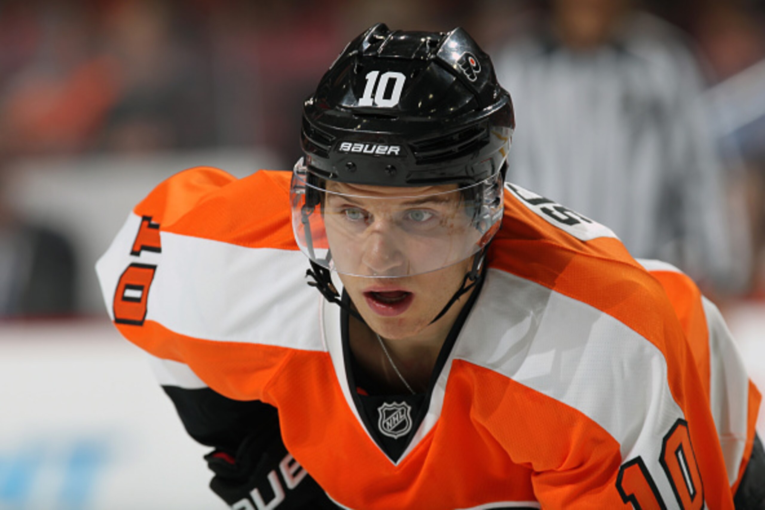 PHILADELPHIA, PA - OCTOBER 09: Brayden Schenn #10 of the Philadelphia Flyers looks on against the New Jersey Devils on October 9, 2014 at the Wells Fargo Center in Philadelphia, Pennsylvania. (Photo by Len Redkoles/NHLI via Getty Images) PHILADELPHIA, PA - OCTOBER 09: Brayden Schenn #10 of the Philadelphia Flyers looks on against the New Jersey Devils on October 9, 2014 at the Wells Fargo Center in Philadelphia, Pennsylvania. (Photo by Len Redkoles/NHLI via Getty Images)