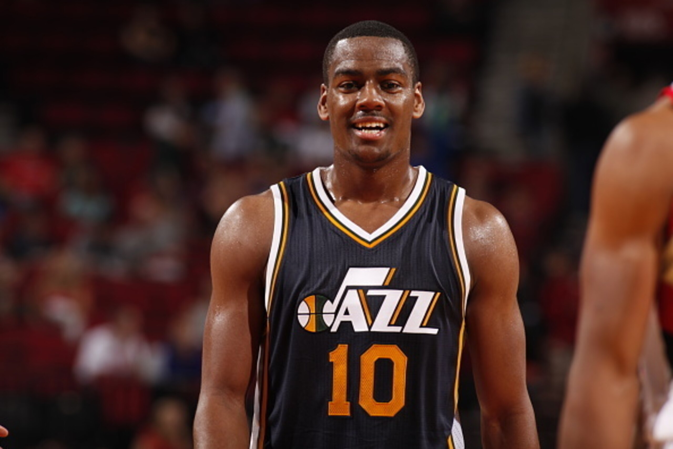 PORTLAND, OR - OCTOBER 9:  Alec Burks #10 of the Utah Jazz looks on during the game against the Portland Trail Blazers on October 9, 2014 at the Moda Center Arena in Portland, Oregon. NOTE TO USER: User expressly acknowledges and agrees that, by downloadi