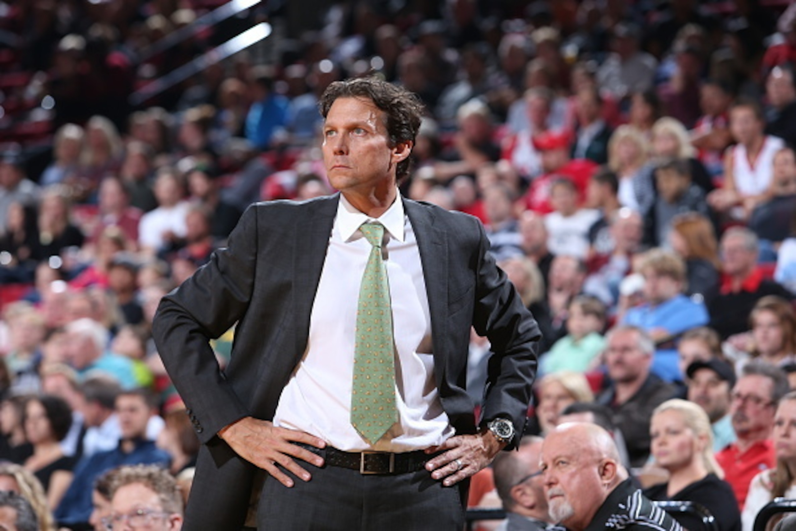 PORTLAND, OR - OCTOBER 9:  Head coach Quin Snyder of the Utah Jazz during the game against the Portland Trail Blazors on October 9, 2014 at the Moda Center Arena in Portland, Oregon. NOTE TO USER: User expressly acknowledges and agrees that, by downloadin
