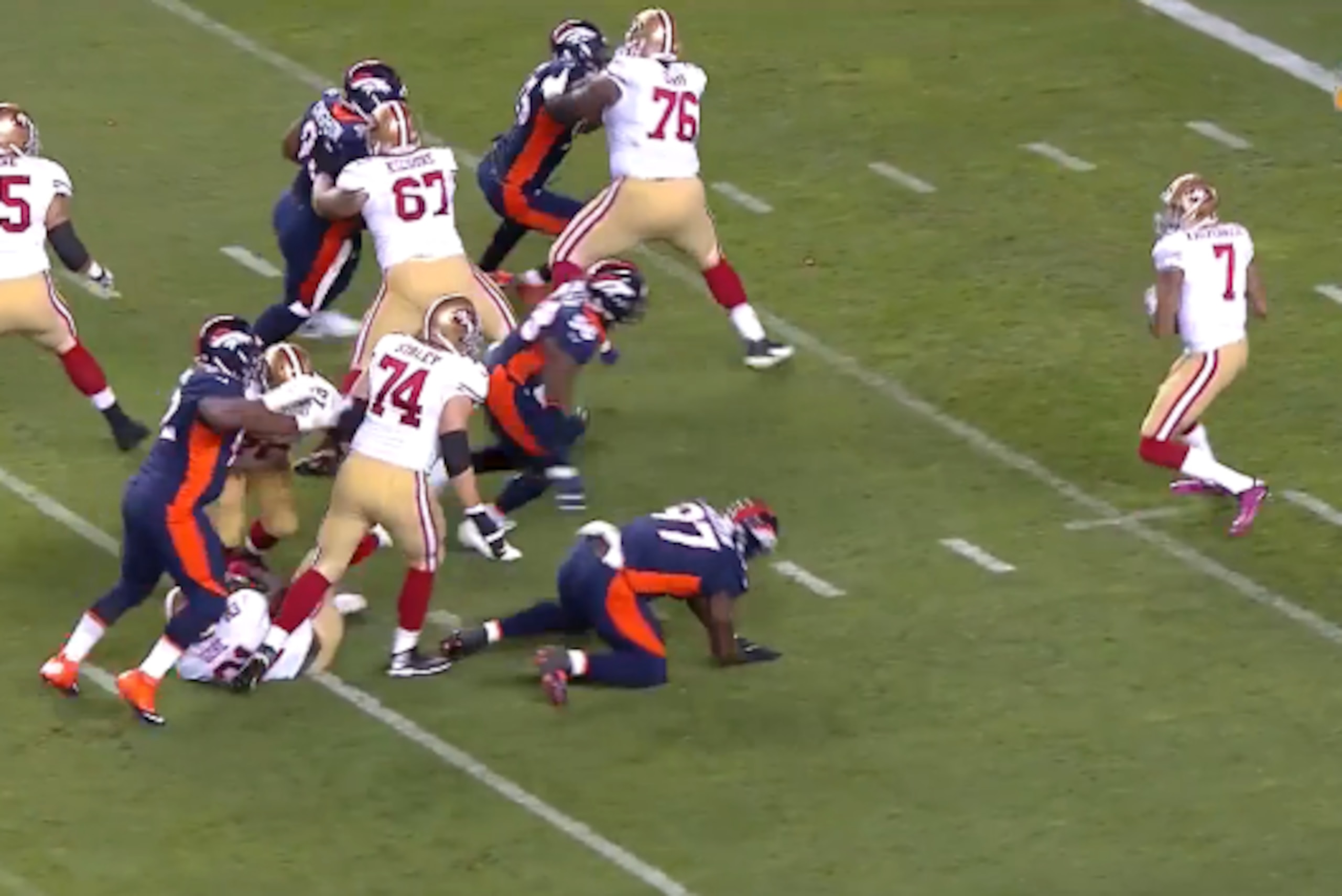 Von Miller—unimpeded—heading for the quarterback Von Miller—unimpeded—heading for the quarterback
