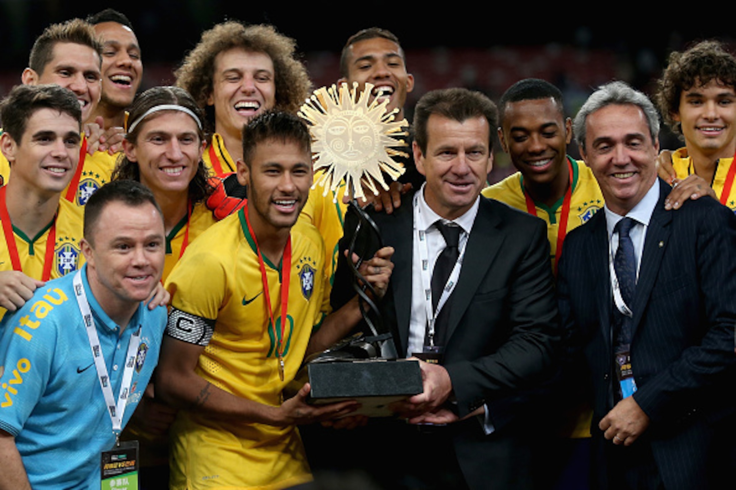 BEIJING, CHINA - OCTOBER 11:  Team of Brazil celebrates winning Super Clasico de las Americas between Argentina and Brazil at Beijing National Stadium on October 11, 2014 in Beijing, China.  (Photo by Feng Li/Getty Images)
