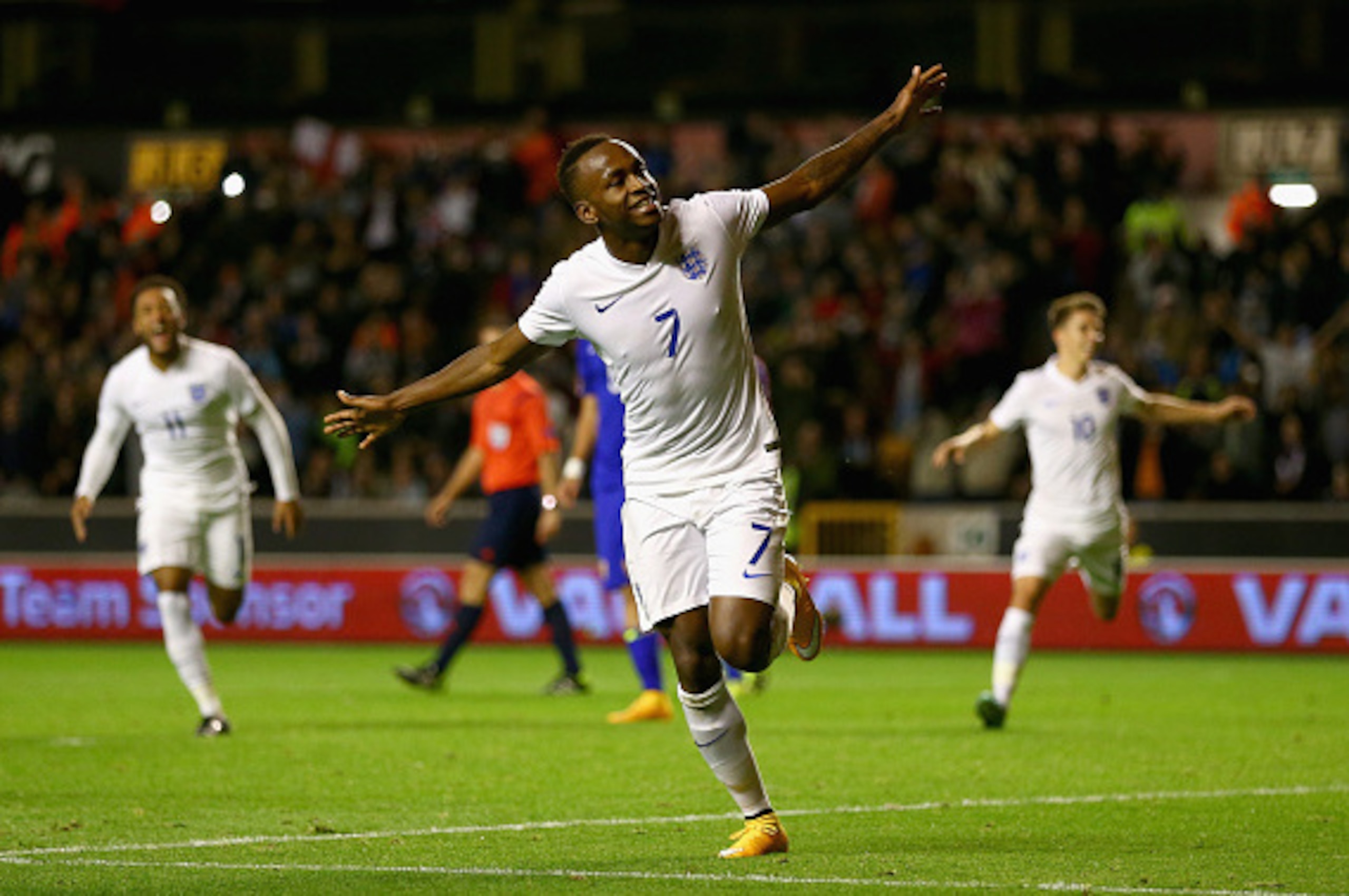 WOLVERHAMPTON, ENGLAND - OCTOBER 10:  Saido Berahino of England runs away to celebrate after scoring his teams second goal from the penalty spot during the UEFA U21 Championship Playoff First Leg match between England and Croatia at Molineux on October 10