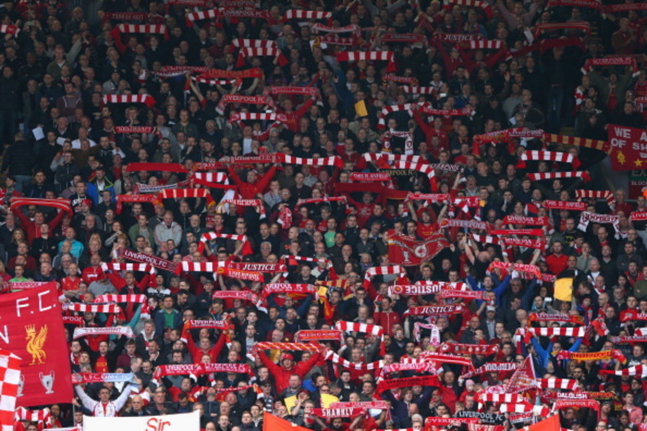LIVERPOOL, ENGLAND - APRIL 13:  General View of Liverpool fans on the Kop prior to the Barclays Premier League match between Liverpool and Manchester City at Anfield on April 13, 2014 in Liverpool, England.  (Photo by Alex Livesey/Getty Images)