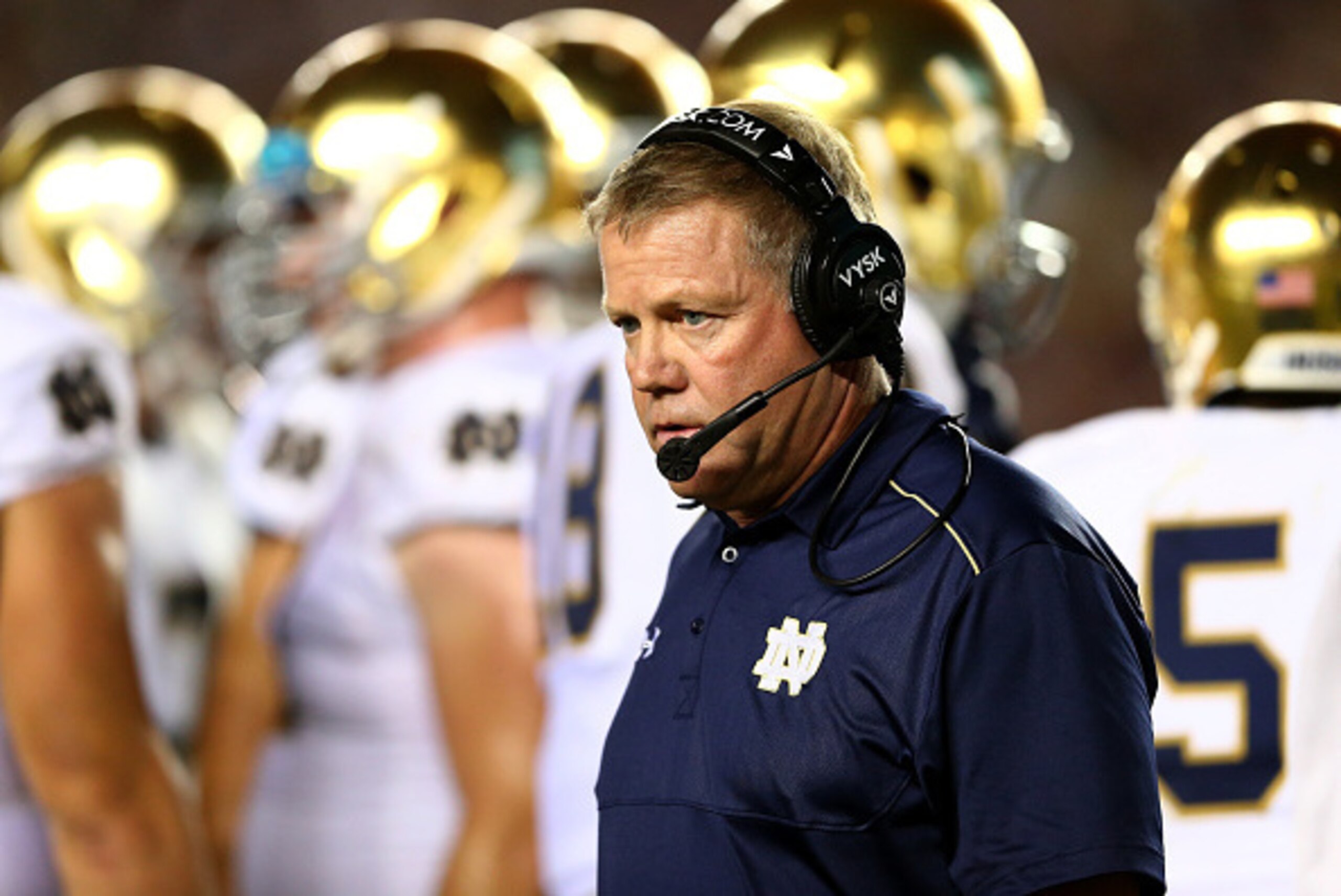 TALLAHASSEE, FL - OCTOBER 18:  Head coach Brian Kelly of the Notre Dame Fighting Irish walks the sidelines against the Florida State Seminoles at Doak Campbell Stadium on October 18, 2014 in Tallahassee, Florida.  (Photo by Streeter Lecka/Getty Images)