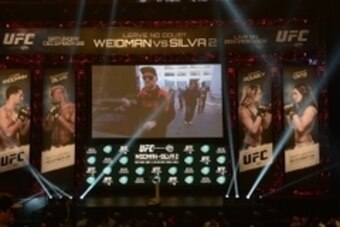 Dec 27, 2013; Las Vegas, NV, USA; Chris Weidman shown on screen before weigh-in for UFC 168 at MGM Grand Garden Arena. Mandatory Credit: Jayne Kamin-Oncea-USA TODAY Sports