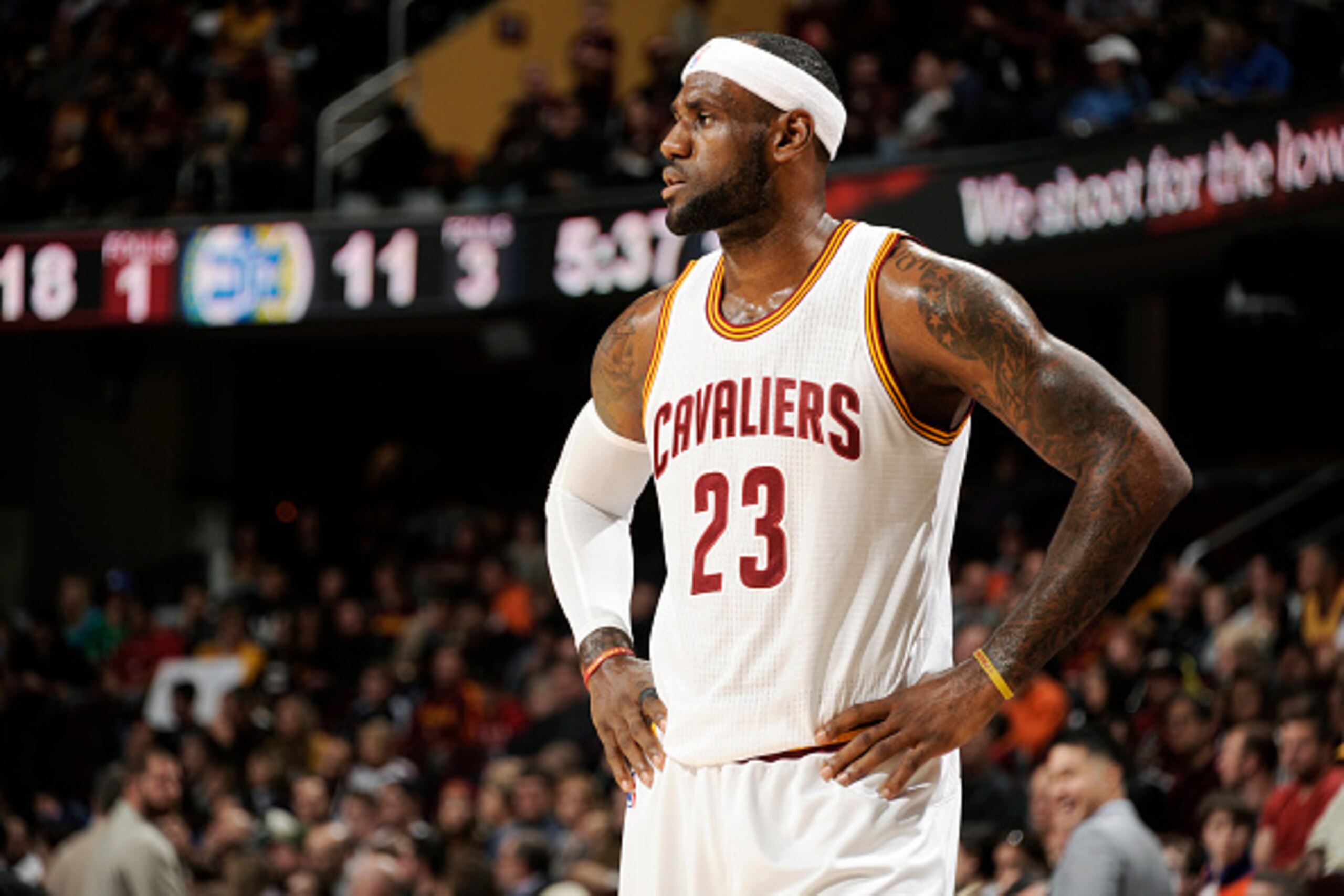 CLEVELAND, OH - OCTOBER 5:  LeBron James #23 of the Cleveland Cavaliers stands on the court during a game against the Maccabi Tel Aviv at The Quicken Loans Arena on October 16, 2014 in Cleveland, Ohio. NOTE TO USER: User expressly acknowledges and agrees 