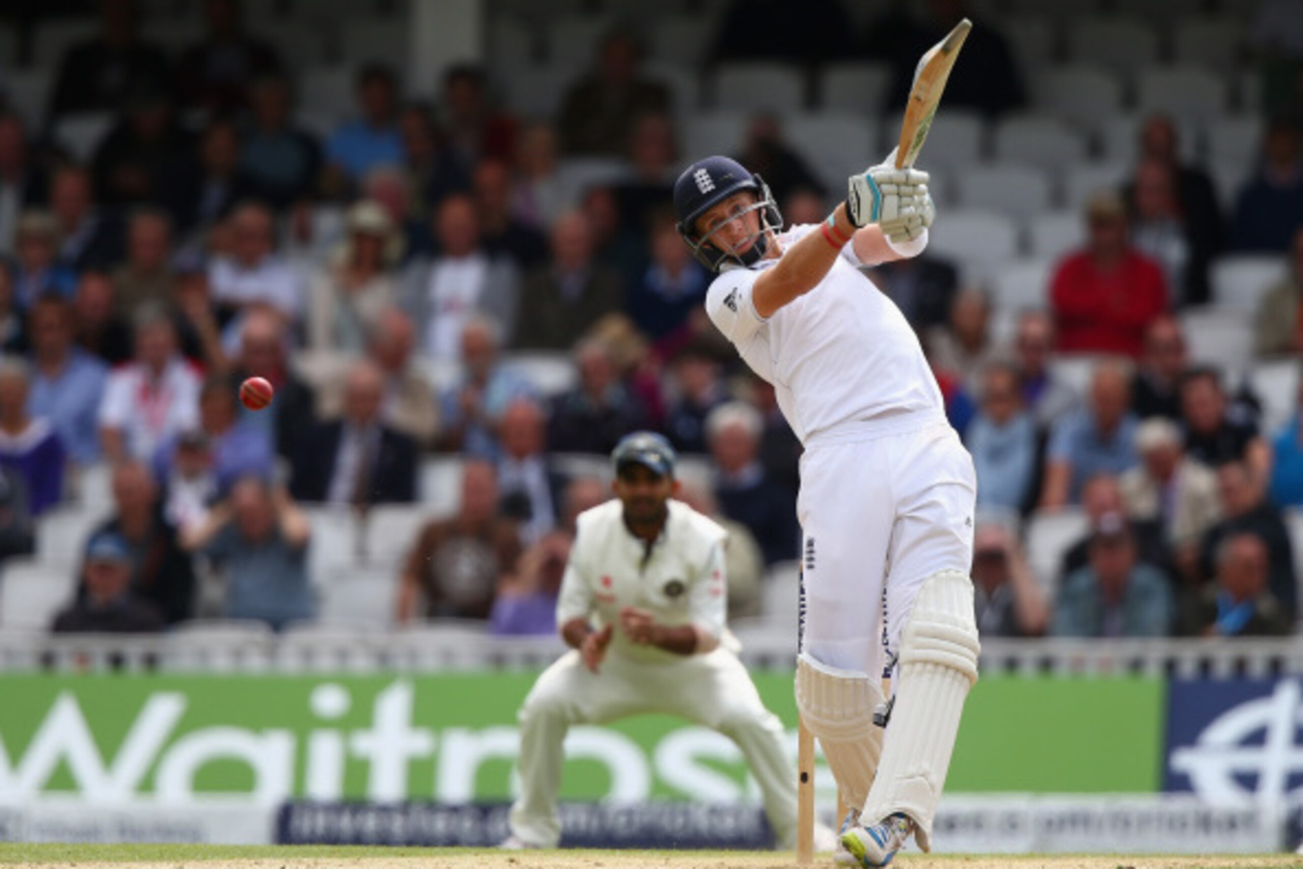 LONDON, ENGLAND - AUGUST 17:  Joe Root of England hits out during day three of the 5th Investec Test match between England and India at The Kia Oval on August 17, 2014 in London, England.  (Photo by Paul Gilham/Getty Images)