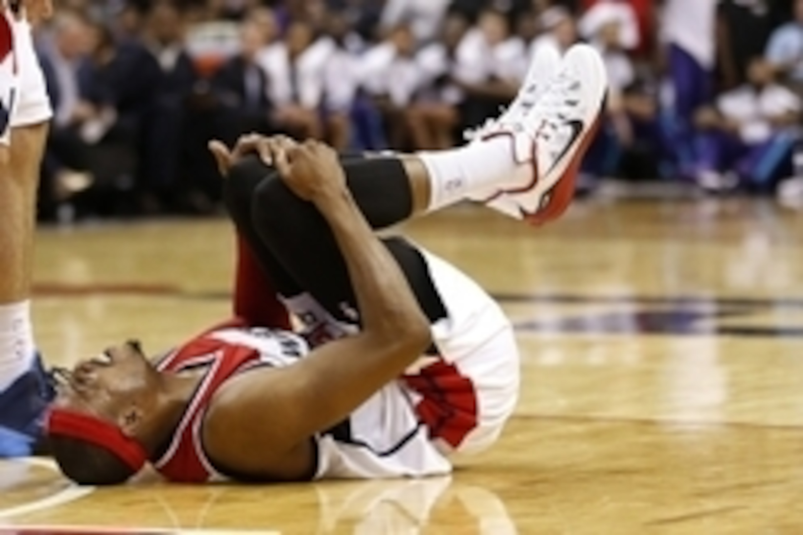 Oct 17, 2014; Washington, DC, USA; Washington Wizards forward Paul Pierce (34) lies on the court after being injured against the Charlotte Hornets in the second quarter at Verizon Center. Mandatory Credit: Geoff Burke-USA TODAY Sports