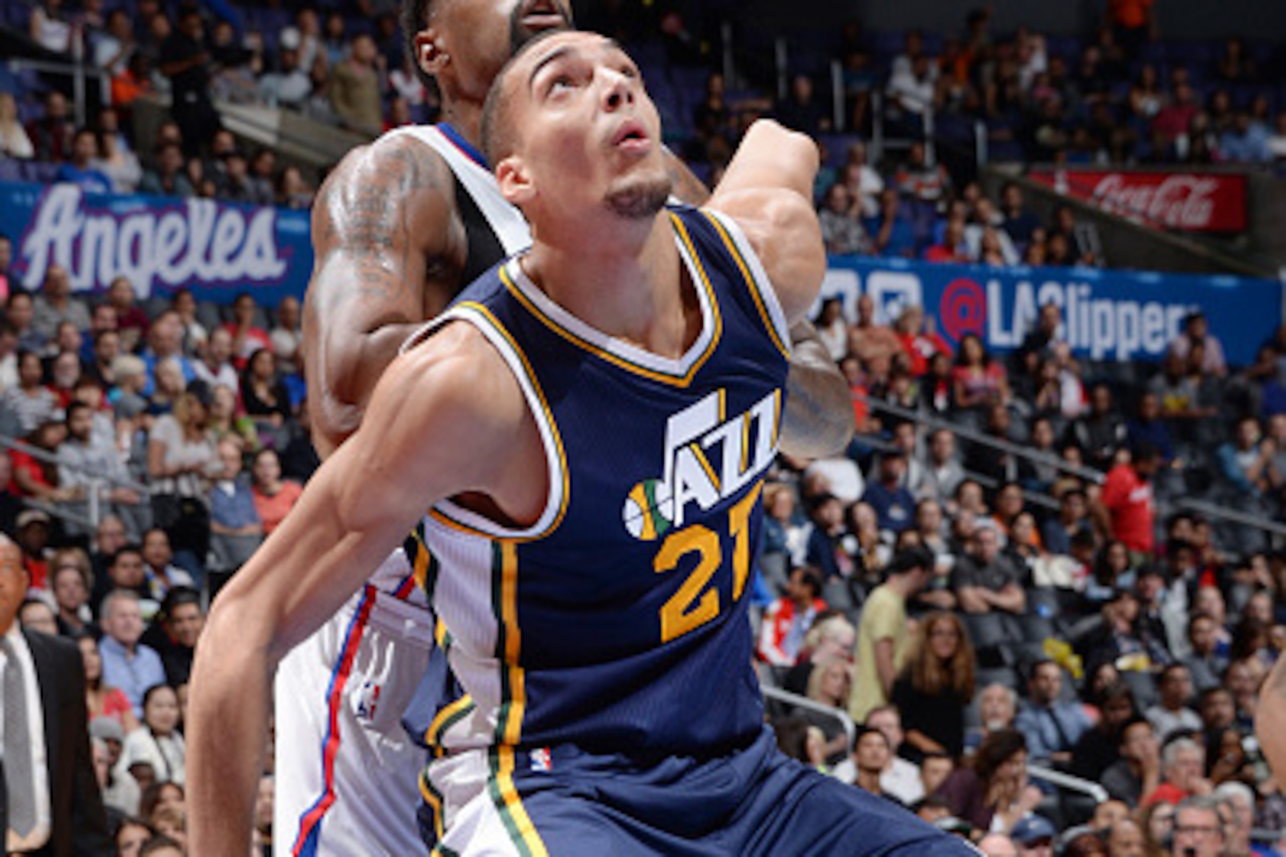 LOS ANGELES, CA - OCTOBER 17: Rudy Gobert #27 of the Utah Jazz looks up to grab the rebound against the Los Angeles Clippers at STAPLES Center on October 17, 2014 in Los Angeles, California. NOTE TO USER: User expressly acknowledges and agrees that, by do