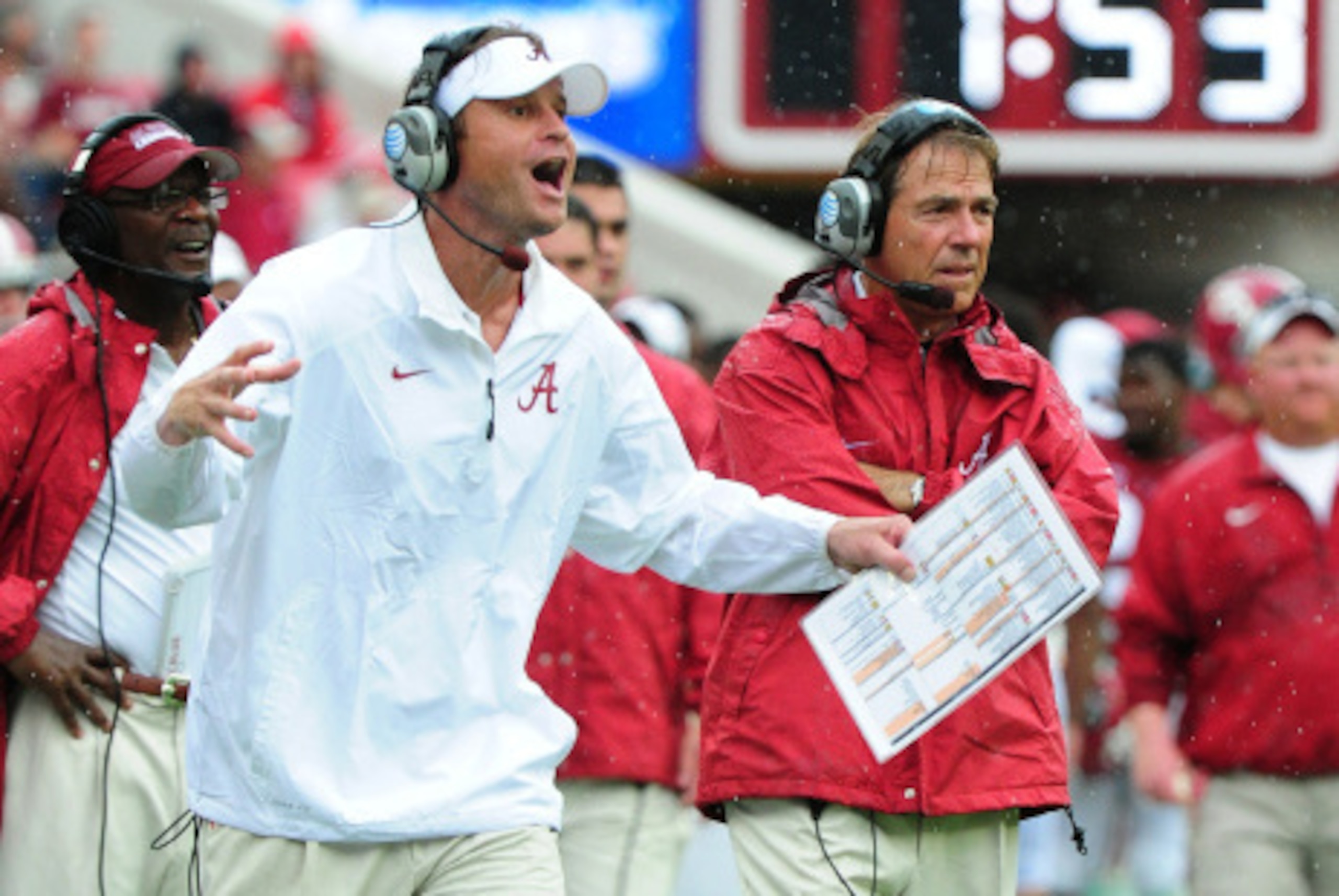 TUSCALOOSA, AL - SEPTEMBER 6: Offensive Coordinator Lane Kiffin and Head Coach Nick Saban of the Alabama Crimson Tide call a play against the Florida Atlantc Owls at Bryant-Denny Stadium on September 6, 2014 in Tuscaloosa, Alabama. (Photo by Scott Cunning