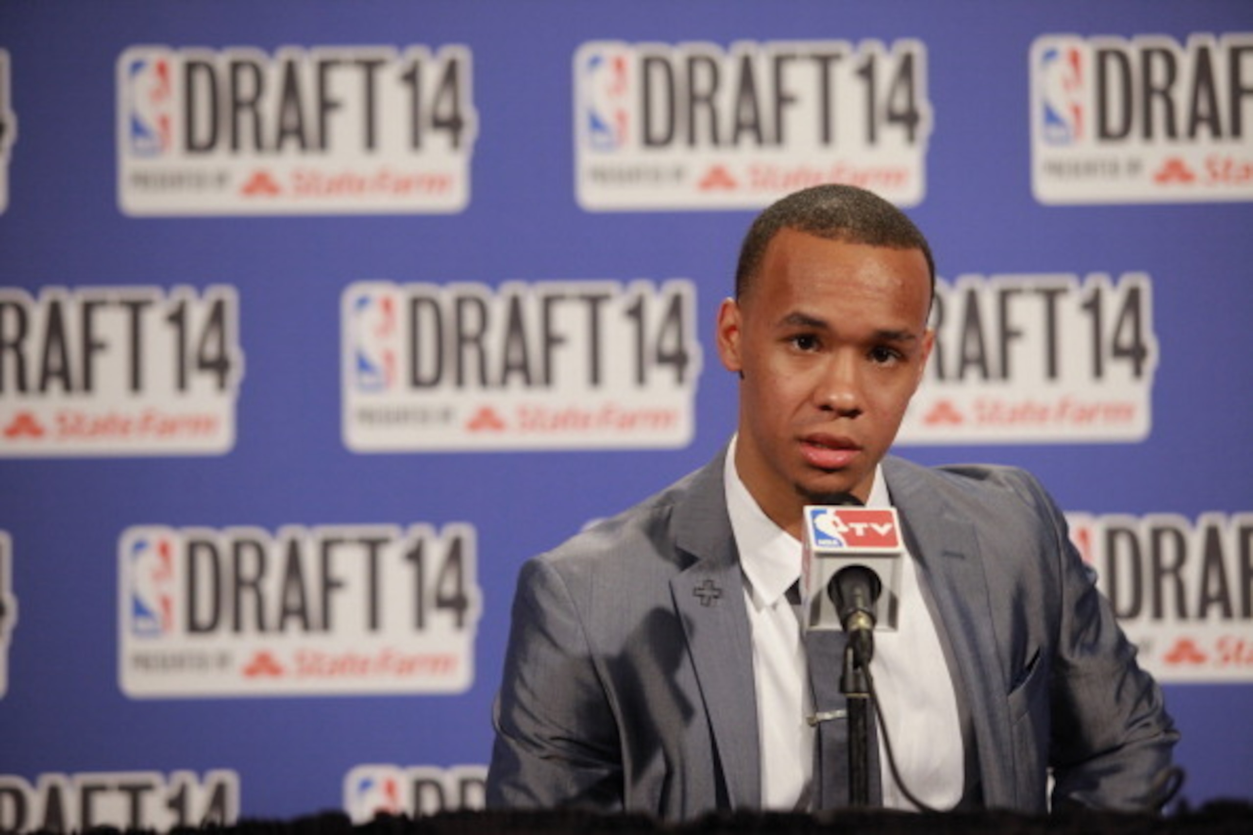NEW YORK - JUNE 26: Shabazz Napier addresses the media after being selected 24th overall by the Charlotte Hornets during the 2014 NBA Draft on June 26, 2014 at the Barclays Center in Brooklyn, New York. NOTE TO USER: User expressly acknowledges and agrees