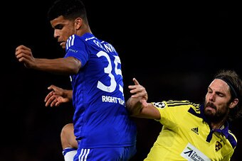 LONDON, ENGLAND - OCTOBER 21: Dominic Solanke of Chelsea is challenged by Marko Suler of Maribor during the UEFA Champions League Group G match between Chelsea FC and NK Maribor at Stamford Bridge on October 21, 2014 in London, United Kingdom.  (Photo by 