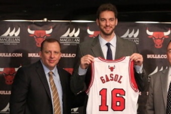 CHICAGO, IL - JULY 18: Chicago Bulls head coach Tom Thibodeau and general manager Gar Forman introduce newly-signed free agent Pau Gasol during a press conference at the United Center on July 18, 2014  in Chicago, Illinois. NOTE TO USER:  User expressly a