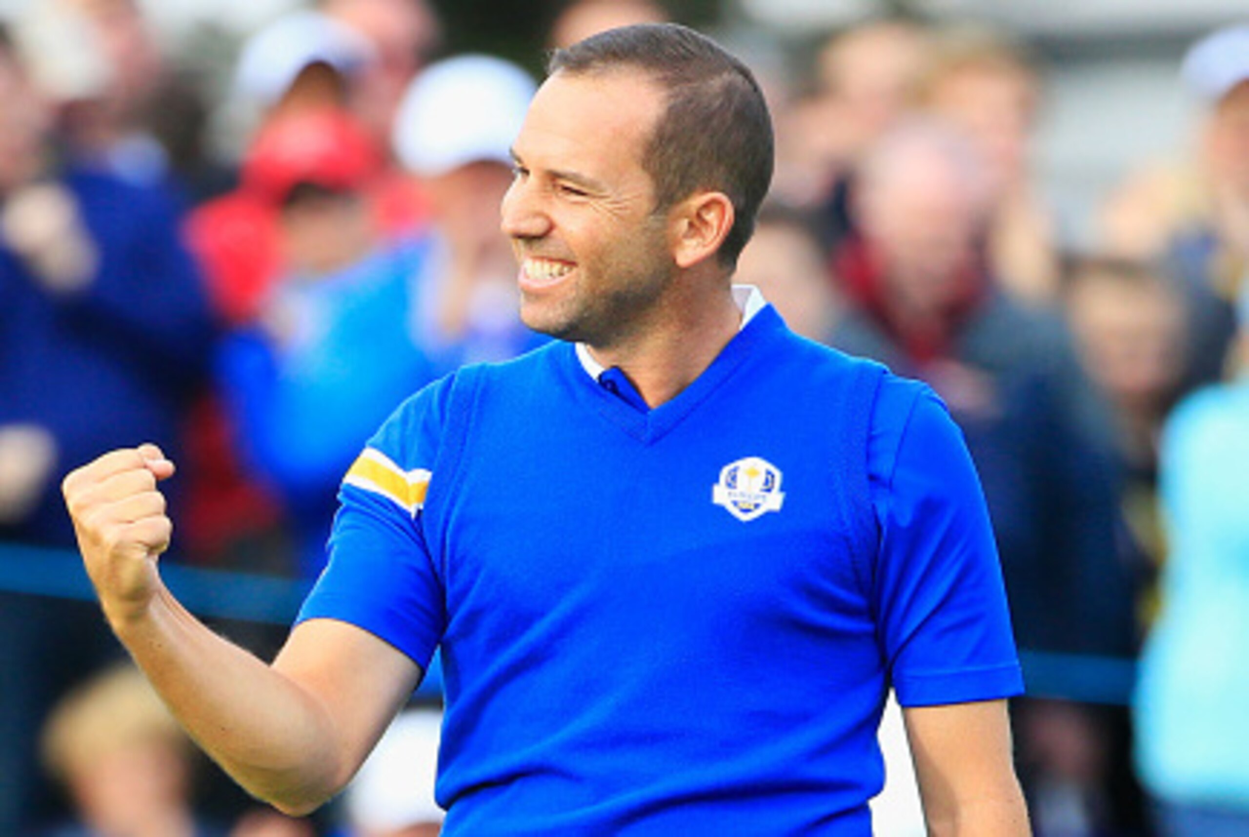 AUCHTERARDER, SCOTLAND - SEPTEMBER 28:  Sergio Garcia of Europe celebrates winning his match against Jim Furyk of the United States on the 18th green during the Singles Matches of the 2014 Ryder Cup on the PGA Centenary course at the Gleneagles Hotel on S
