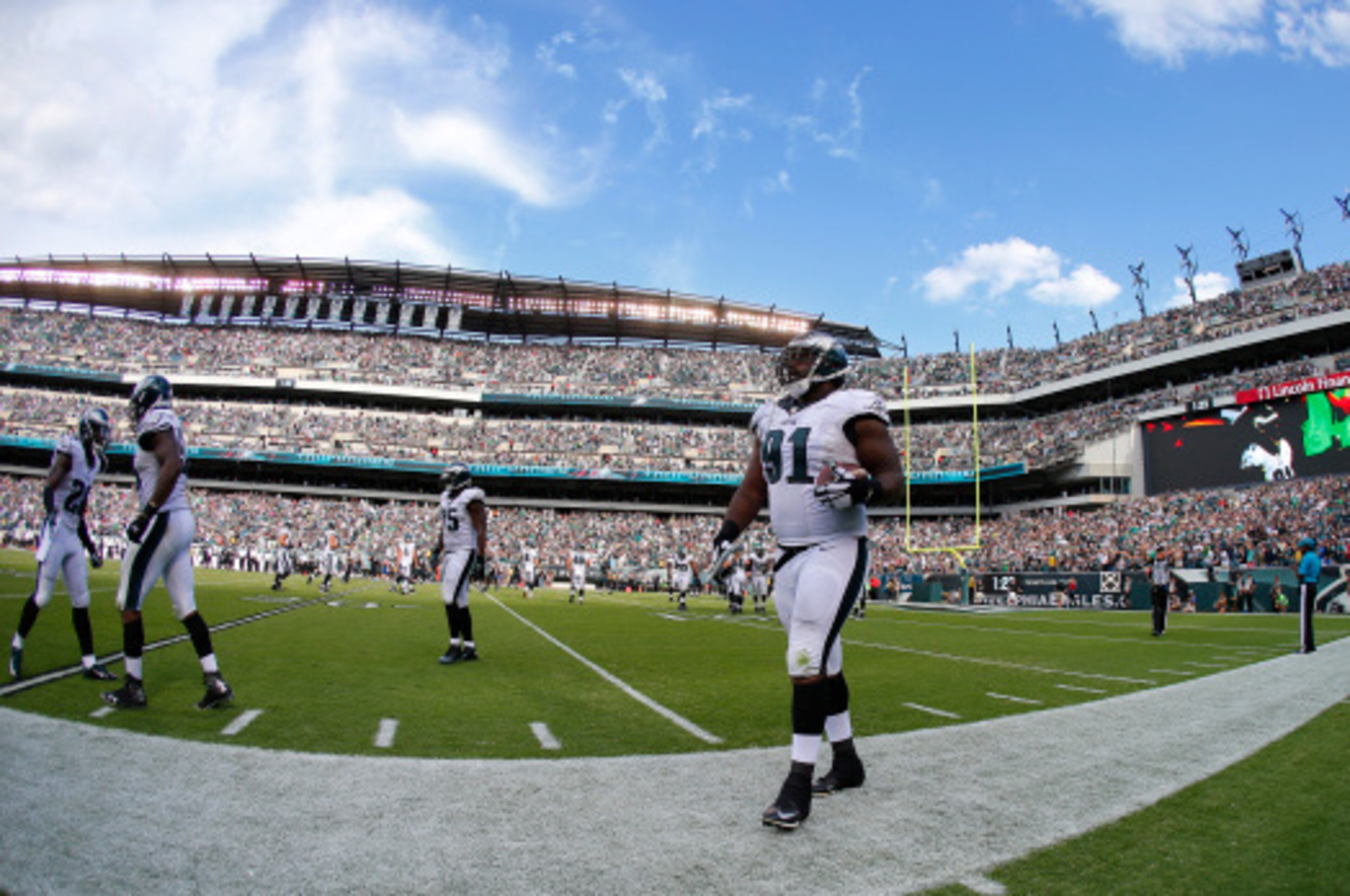PHILADELPHIA, PA - SEPTEMBER 07: Fletcher Cox #91 of the Philadelphia Eagles walks off the field after scoring a touchdown on a fumble recovery against the Jacksonville Jaguars during the fourth quarter of a NFL game at Lincoln Financial Field on Septembe