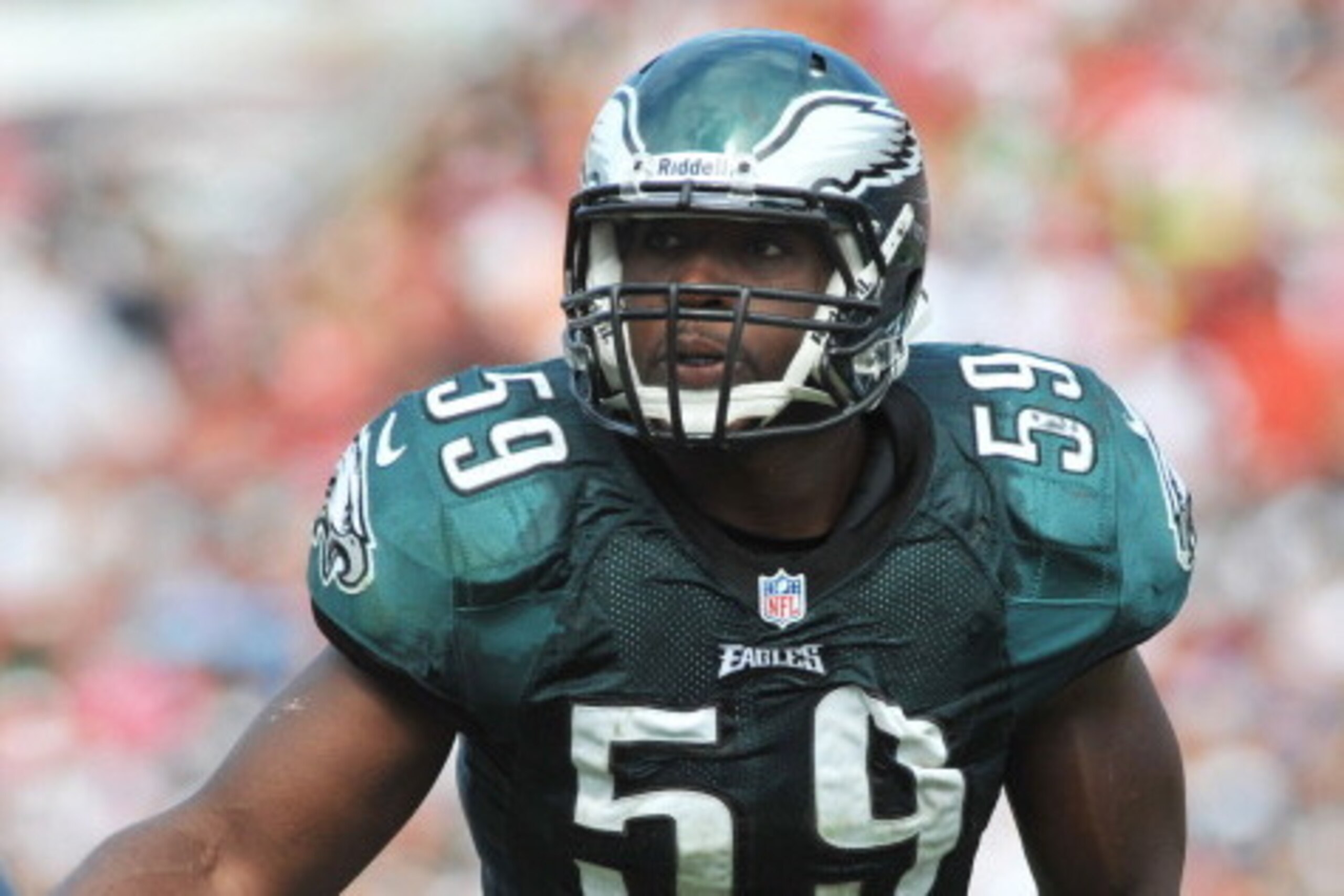 TAMPA, FL - OCTOBER 13: Linebacker DeMeco Ryans #59 of the Philadelphia Eagles sets for play against the Tampa Bay Buccaneers October 13, 2013 at Raymond James Stadium in Tampa, Florida. The Eagles won 31 - 20. (Photo by Al Messerschmidt/Getty Images)