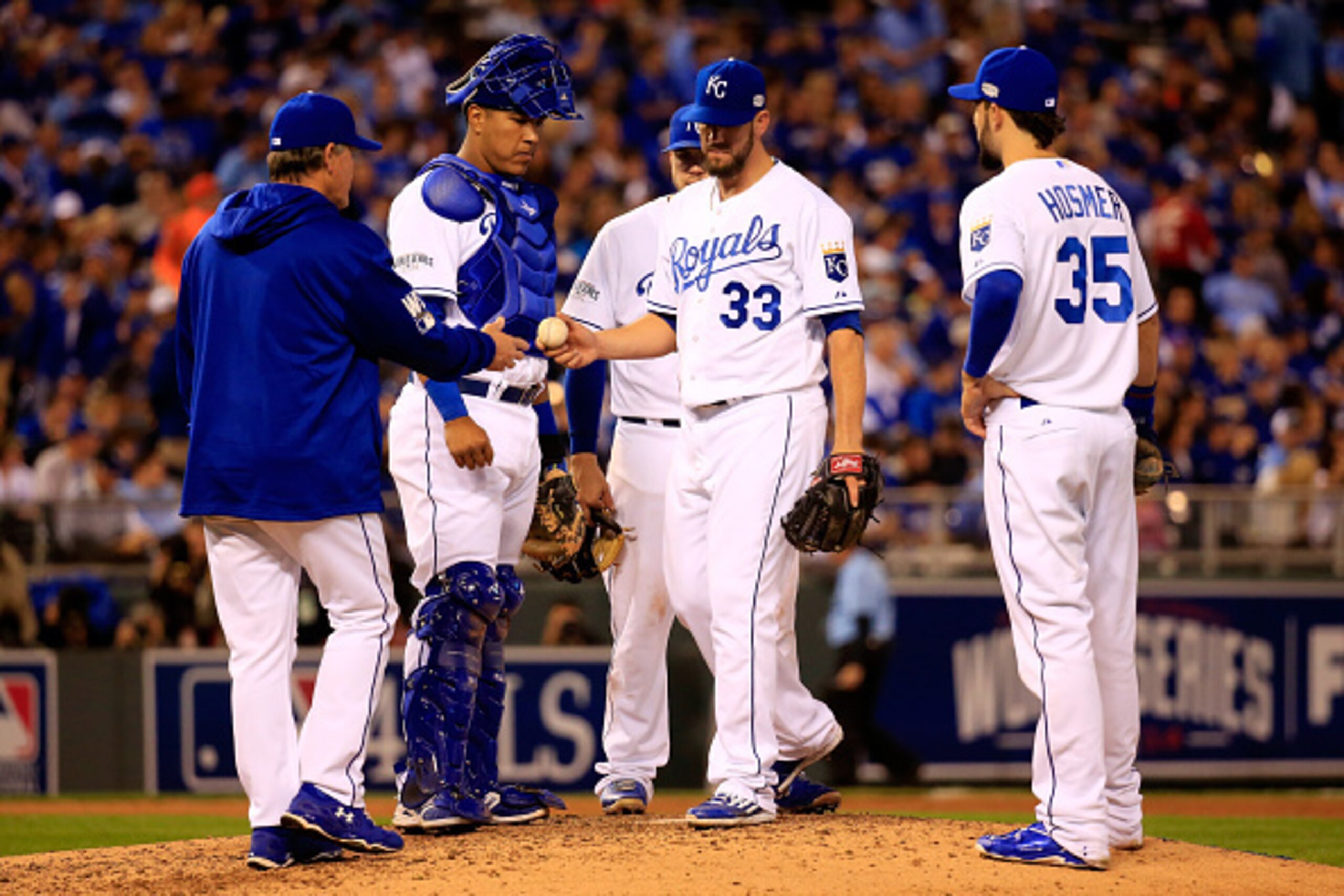 KANSAS CITY, MO - OCTOBER 21:  James Shields #33 of the Kansas City Royals gets pulled out of the game in the fourth inning by manager Ned Yost #3 against the San Francisco Giants during Game One of the 2014 World Series at Kauffman Stadium on October 21,