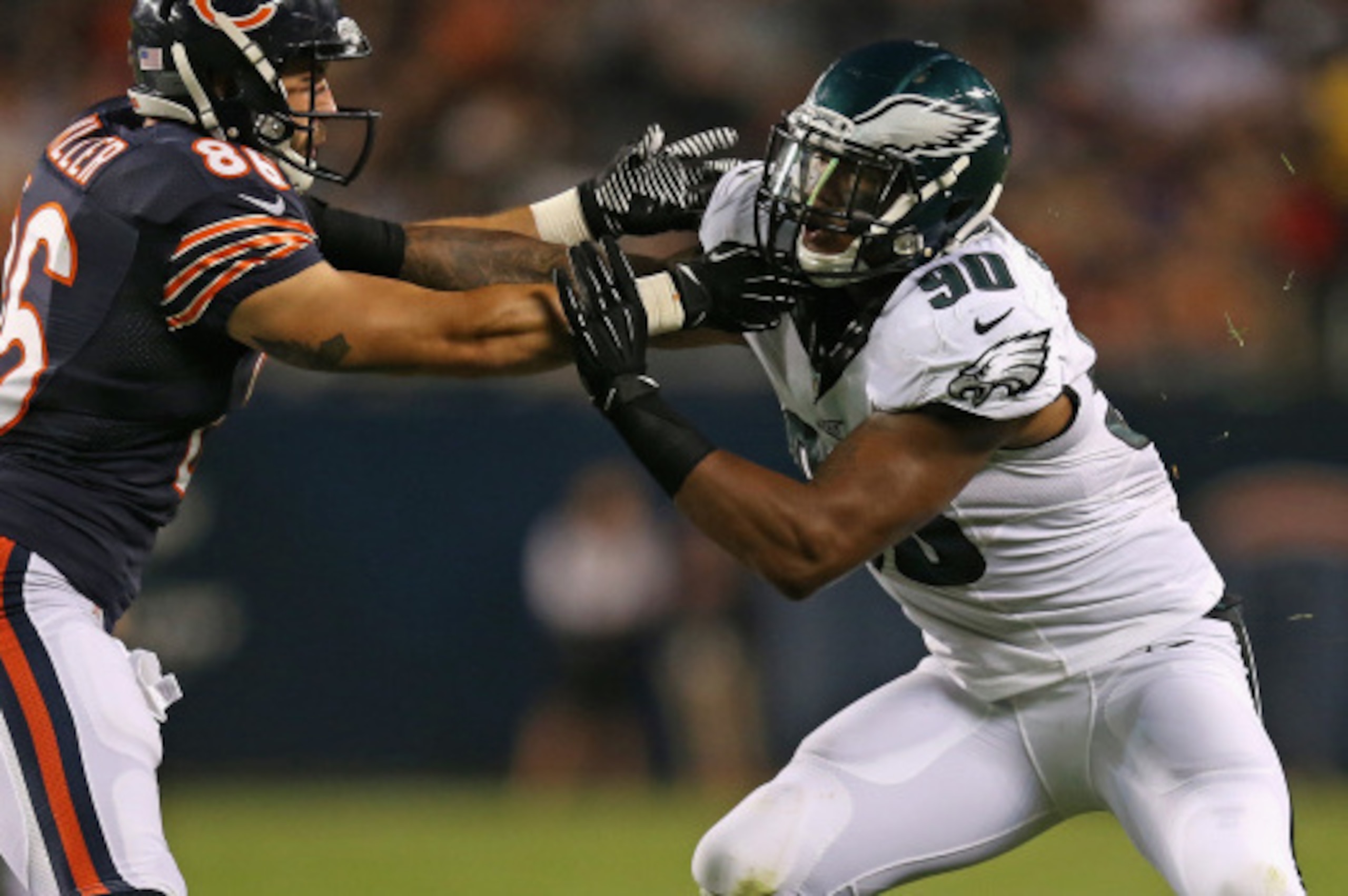 CHICAGO, IL - AUGUST 08: Marcus Smith II #90 of the Philadelphia Eagles rushes against Zach Miller #86 of the Chicago Bears during a preseason game at Soldier Field on August 8, 2014 in Chicago, Illinois. (Photo by Jonathan Daniel/Getty Images) CHICAGO, IL - AUGUST 08: Marcus Smith II #90 of the Philadelphia Eagles rushes against Zach Miller #86 of the Chicago Bears during a preseason game at Soldier Field on August 8, 2014 in Chicago, Illinois. (Photo by Jonathan Daniel/Getty Images)