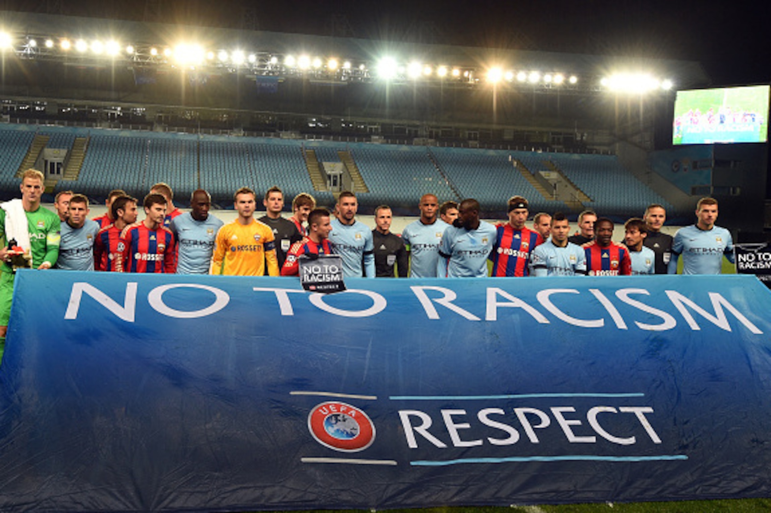 KHIMKI, RUSSIA - OCTOBER 21: The Manchester City FC and PFC CSKA Moskva squad line up ahead of the UEFA Champions League Group E match between PFC CSKA Moscow and Manchester City FC at the Arena Khimki Stadium on October 21, 2014 in Khimki, Russia.  (Phot