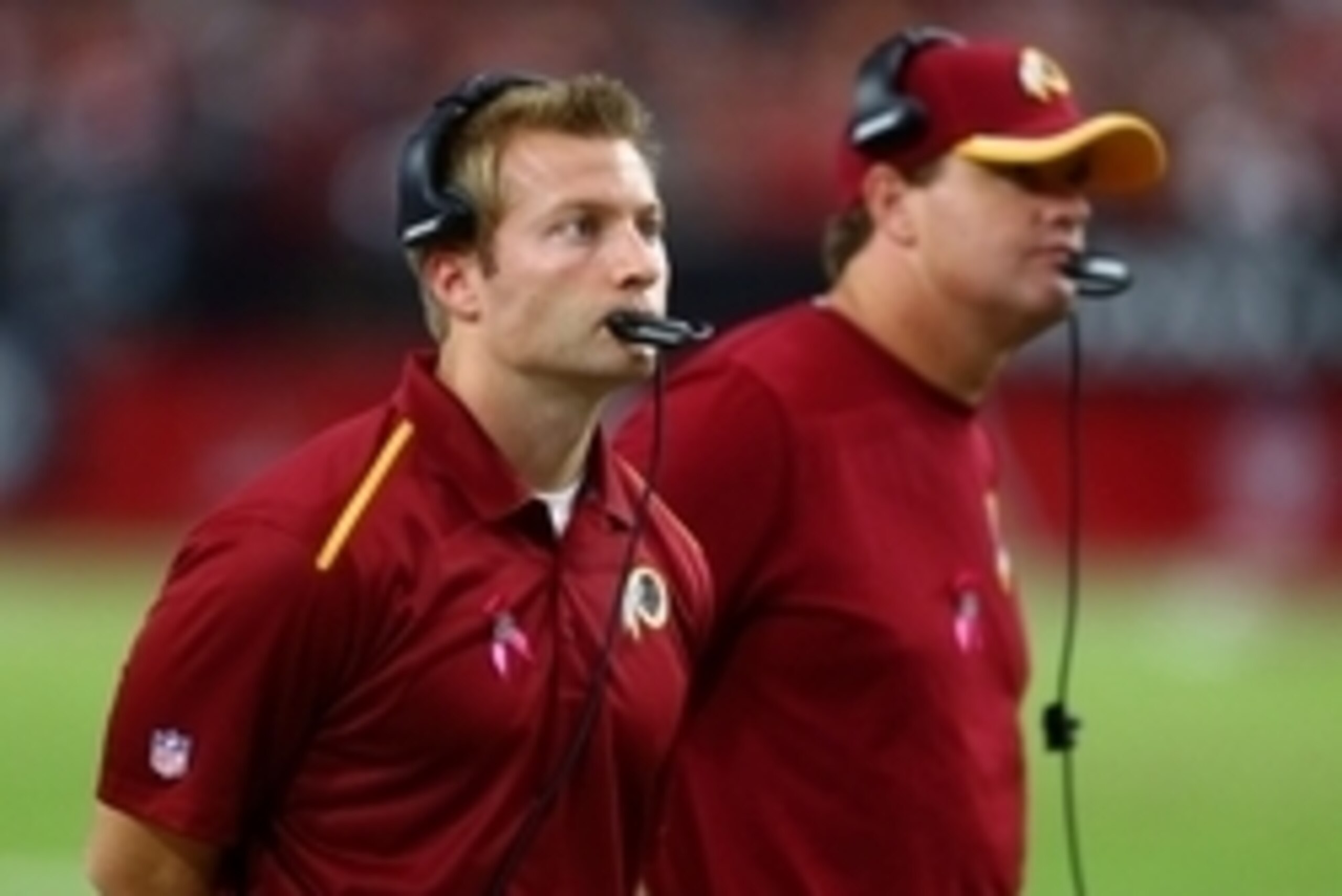 Oct 12, 2014; Glendale, AZ, USA; Washington Redskins offensive coordinator Sean McVay (left) and head coach Jay Gruden against the Arizona Cardinals at University of Phoenix Stadium. The Cardinals defeated the Redskins 30-20. Mandatory Credit: Mark J. Reb