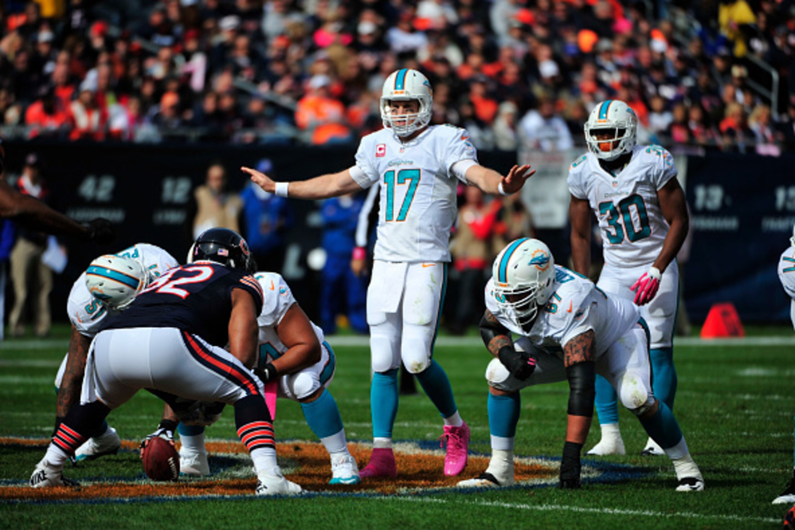 CHICAGO, IL- OCTOBER 19: Ryan Tannehill #17 of the Miami Dolphins plays against the Chicago Bears on October 19, 2014 at Soldier Field in Chicago, Illinois.  (Photo by David Banks/Getty Images)
