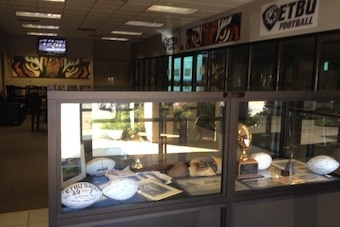 Trophies at ETBU football facility