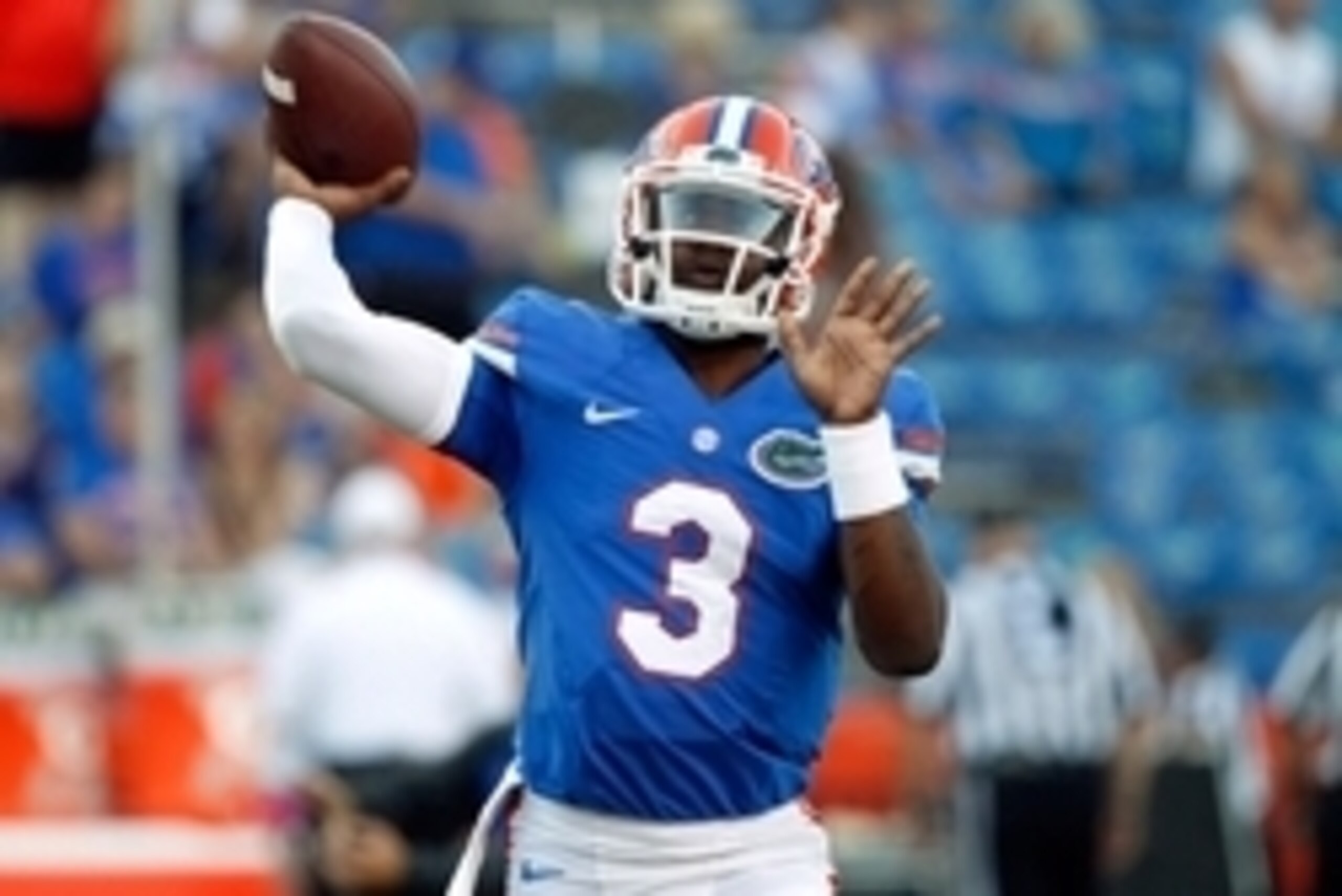 Oct 18, 2014; Gainesville, FL, USA; Florida Gators quarterback Treon Harris (3) works out prior to the game against the Missouri Tigers at Ben Hill Griffin Stadium. Mandatory Credit: Kim Klement-USA TODAY Sports