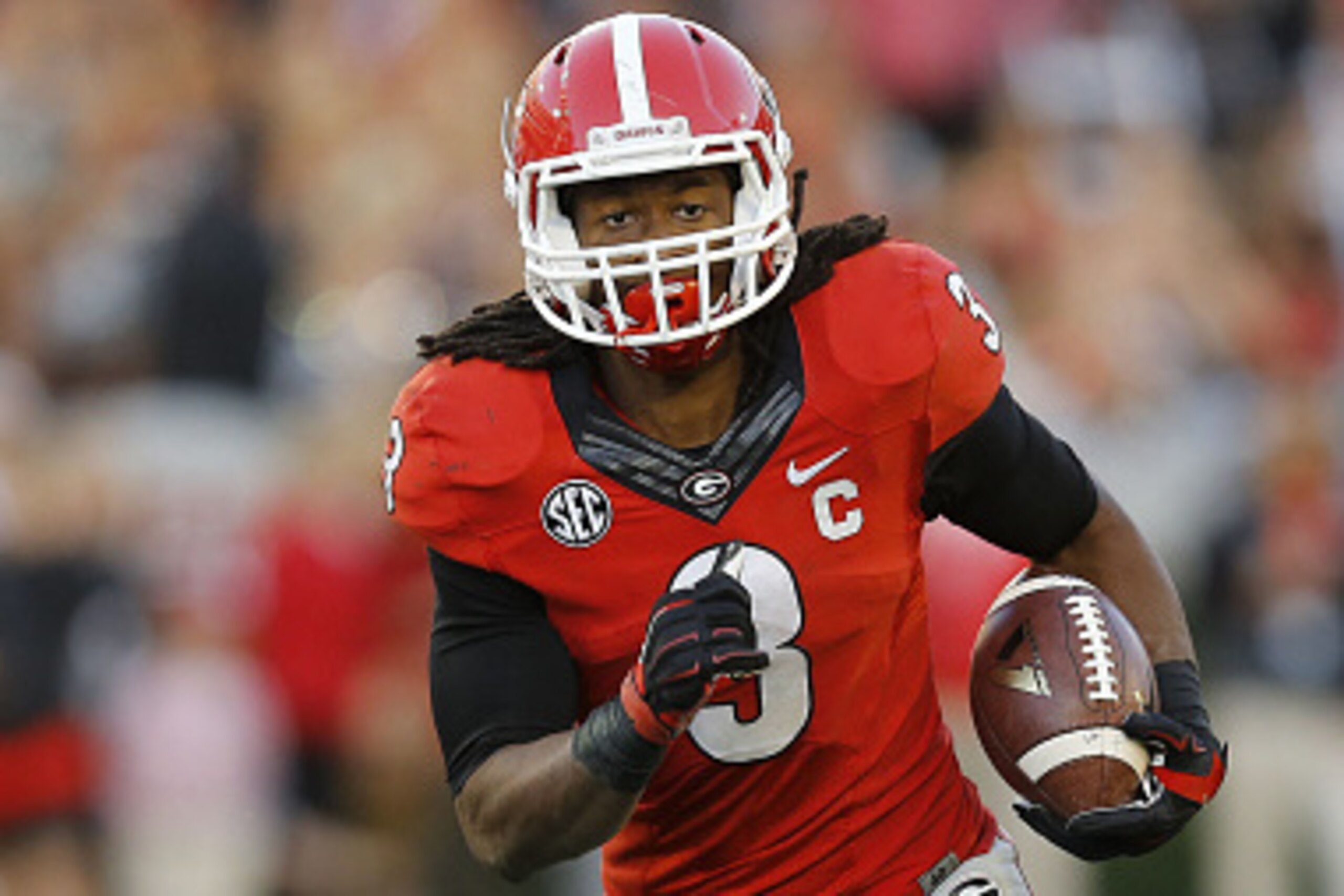 ATHENS, GA - OCTOBER 04:  Running back Todd Gurley #3 of the Georgia Bulldogs runs with the ball during the game against the Vanderbilt Commodores at Sanford Stadium on October 4, 2014 in Athens, Georgia.  (Photo by Mike Zarrilli/Getty Images)