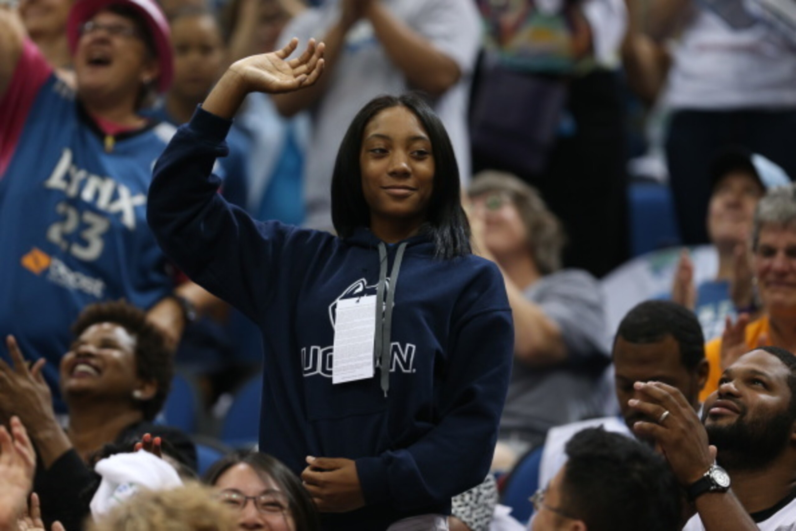 MINNEAPOLIS, MN - AUGUST 31: Little League Pitcher Mo'ne Davis is introduced to the crowd during the WNBA Western Conference Finals Game 2 on August 31, 2014 at Target Center in Minneapolis, Minnesota. NOTE TO USER: User expressly acknowledges and agrees 