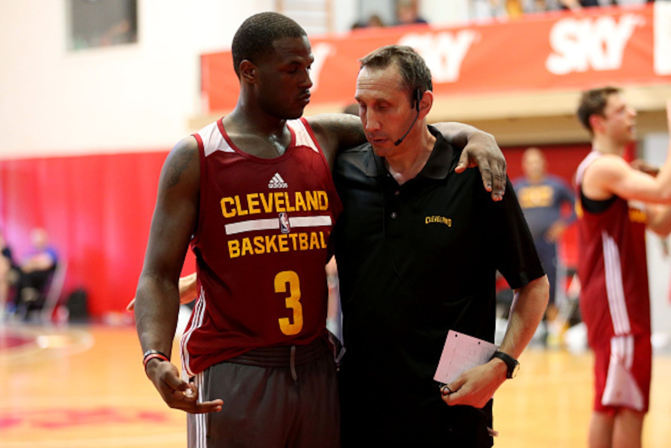 RIO DE JANEIRO, BRAZIL - OCTOBER 10: Dion Waiters #3 and David Blatt of the Cleveland Cavaliers converse during practice at Flamengo Club Borges de Medeiros as a part of NBA Global Games on October 10, 2014 in Rio de Janeiro, Brazil.  NOTE TO USER:  User 