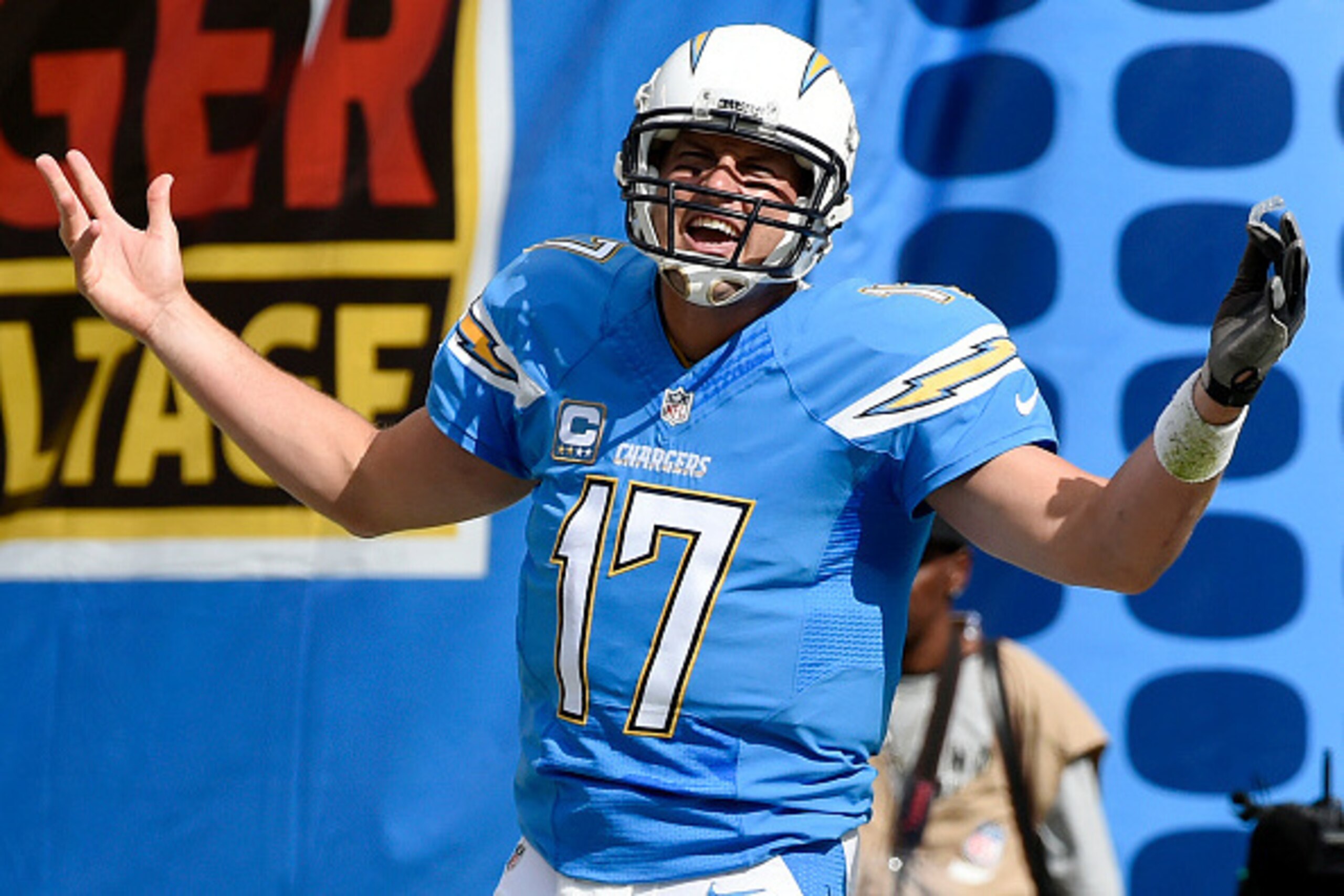 SAN DIEGO, CA - OCTOBER 19: Quarterback Philip Rivers #17 of the San Diego Chargers reacts towards his receiver during the NFL football game against Kansas City Chiefs at Qualcomm Stadium on October 19, 2014, in San Diego, California. (Photo by Kevork Dja