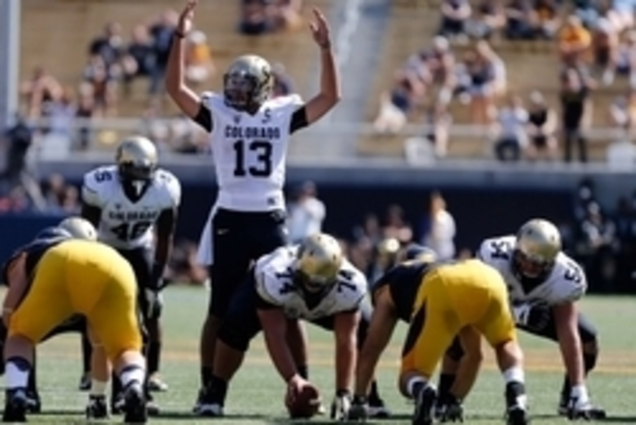 Sep 27, 2014; Berkeley, CA, USA; Colorado Buffaloes quarterback Sefo Liufau (13) gestures before the snap against the California Golden Bears during the second quarter at Memorial Stadium. Mandatory Credit: Kelley L Cox-USA TODAY Sports Sep 27, 2014; Berkeley, CA, USA; Colorado Buffaloes quarterback Sefo Liufau (13) gestures before the snap against the California Golden Bears during the second quarter at Memorial Stadium. Mandatory Credit: Kelley L Cox-USA TODAY Sports
