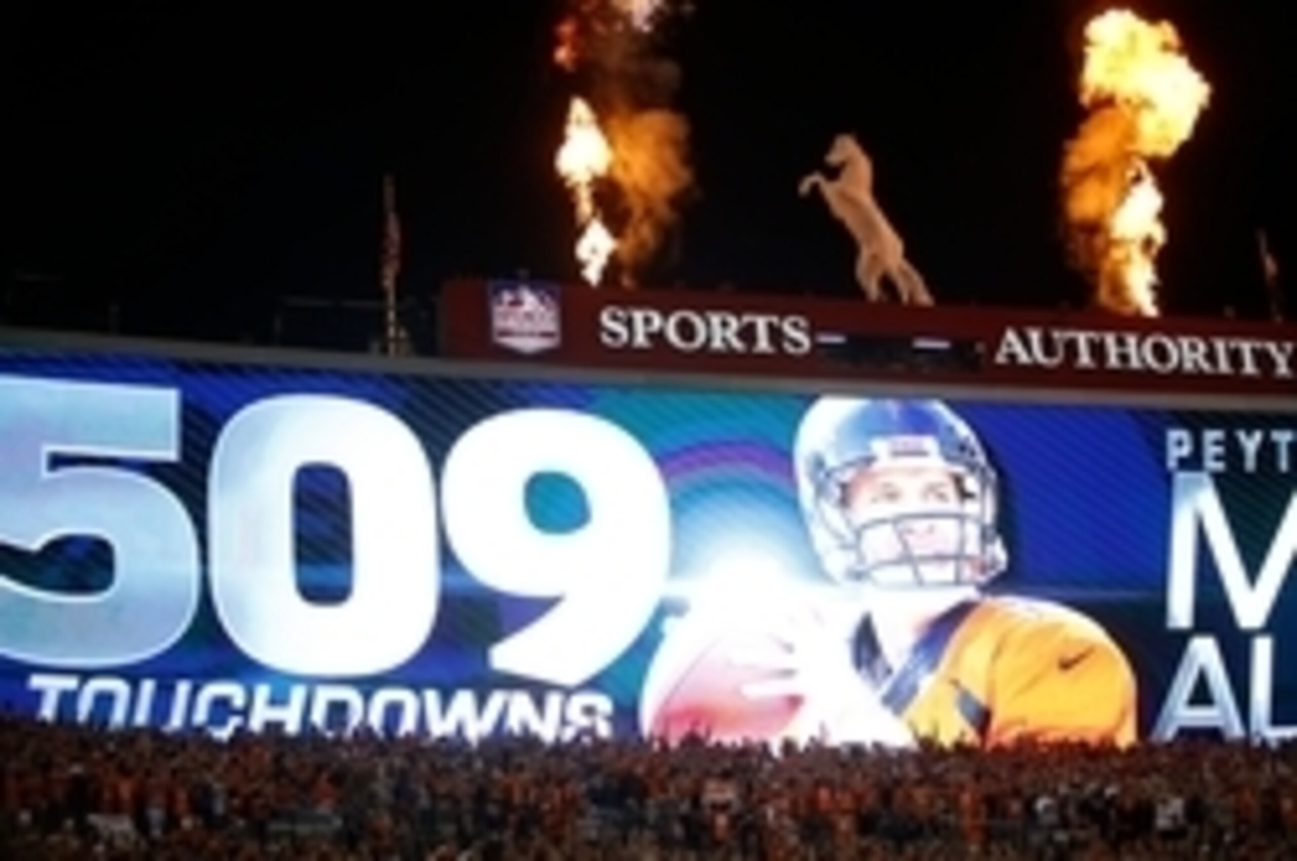 Oct 19, 2014; Denver, CO, USA; The scoreboard displays 509 touchdowns for Denver Broncos quarterback Peyton Manning (not pictured) in the second quarter against the San Francisco 49ers at Sports Authority Field at Mile High. Mandatory Credit: Chris Humphr