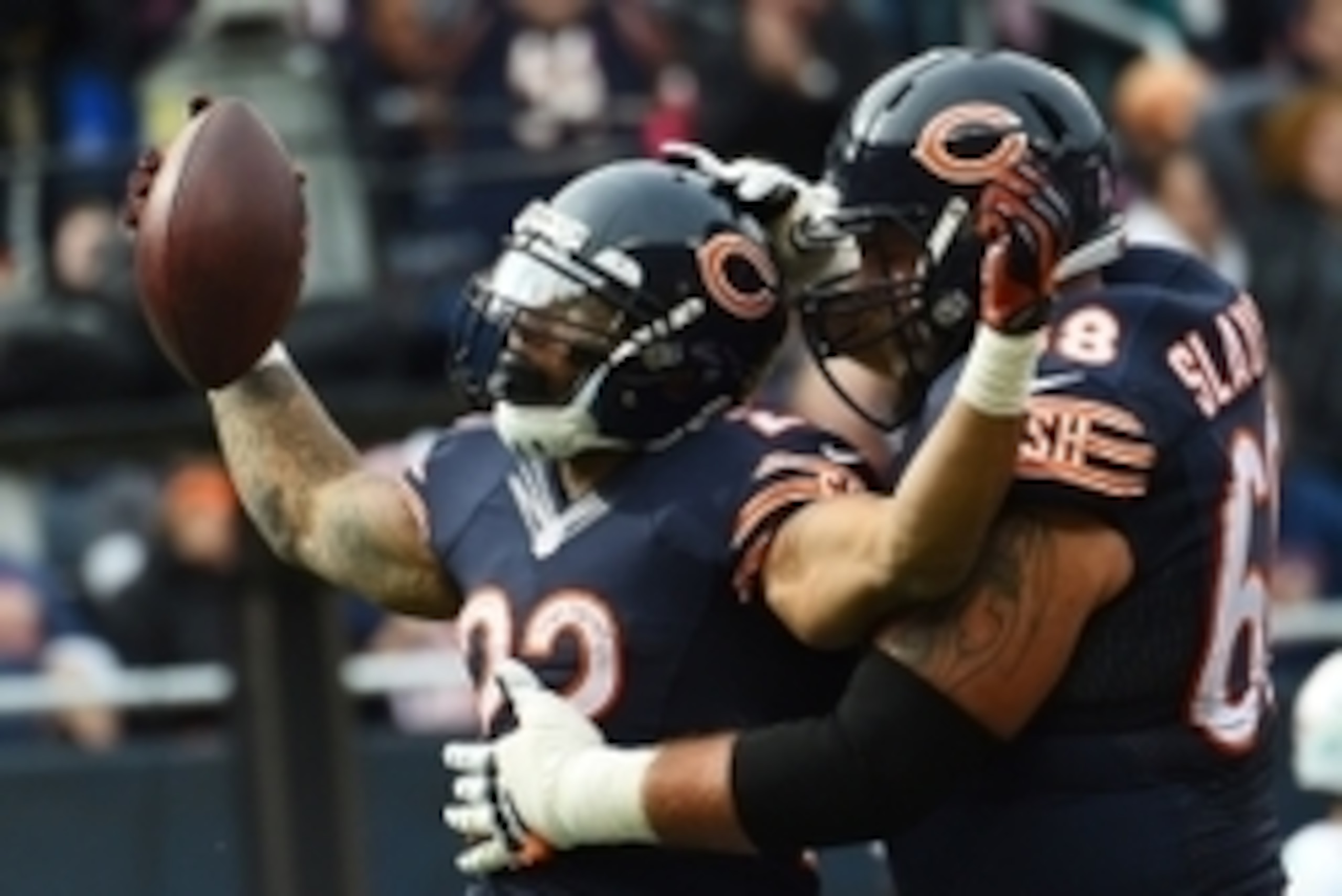 Oct 19, 2014; Chicago, IL, USA; Chicago Bears running back Matt Forte (22) reacts after a touchdown during the second half at Soldier Field. Miami Dolphins defeat the Chicago Bears 27-14. Mandatory Credit: Mike DiNovo-USA TODAY Sports