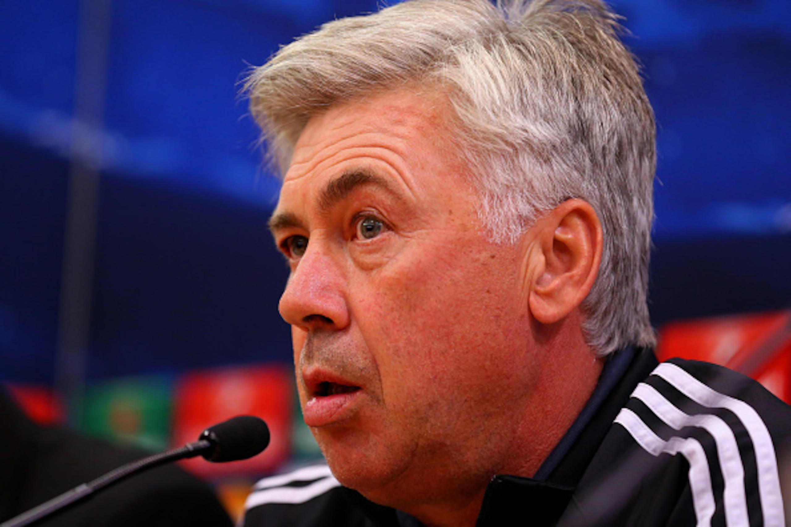 LIVERPOOL, ENGLAND - OCTOBER 21:  Head Coach Carlo Ancelotti of Real Madrid CF speaks during a press conference ahead of the UEFA Champions League group B match between Liverpool FC and Real Madrid CF at Anfield on October 21, 2014 in Liverpool, United Ki