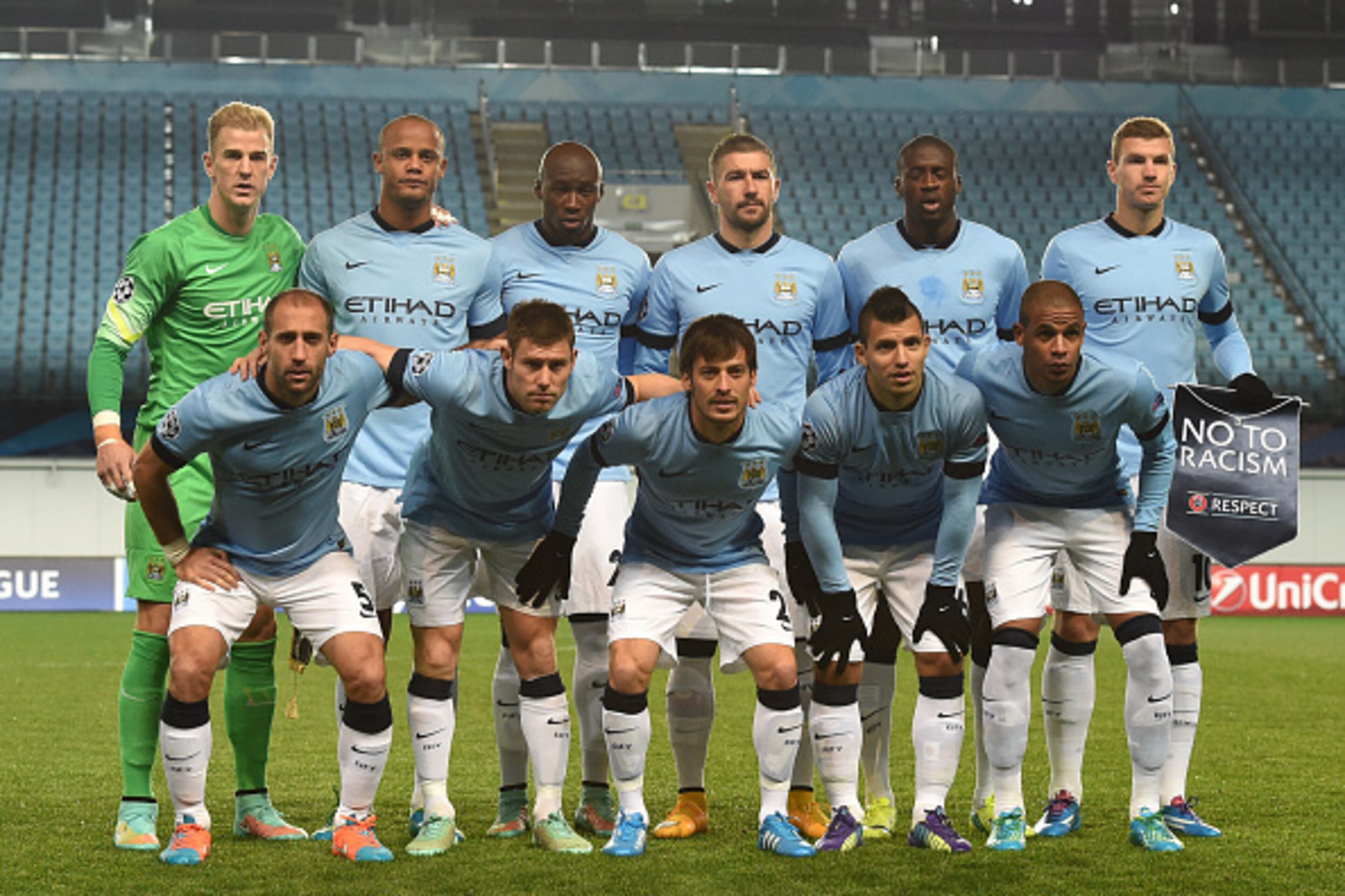 KHIMKI, RUSSIA - OCTOBER 21: The Manchester City FC squad line up ahead of the UEFA Champions League Group E match between PFC CSKA Moscow and Manchester City FC at the Arena Khimki Stadium on October 21, 2014 in Khimki, Russia.  (Photo by Epsilon/Getty I