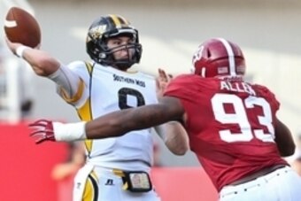 Sep 13, 2014; Tuscaloosa, AL, USA; Alabama Crimson Tide defensive lineman Jonathan Allen (93) put the pressure on Southern Miss Golden Eagles quarterback Nick Mullens (9) at Bryant-Denny Stadium. Mandatory Credit: Marvin Gentry-USA TODAY Sports