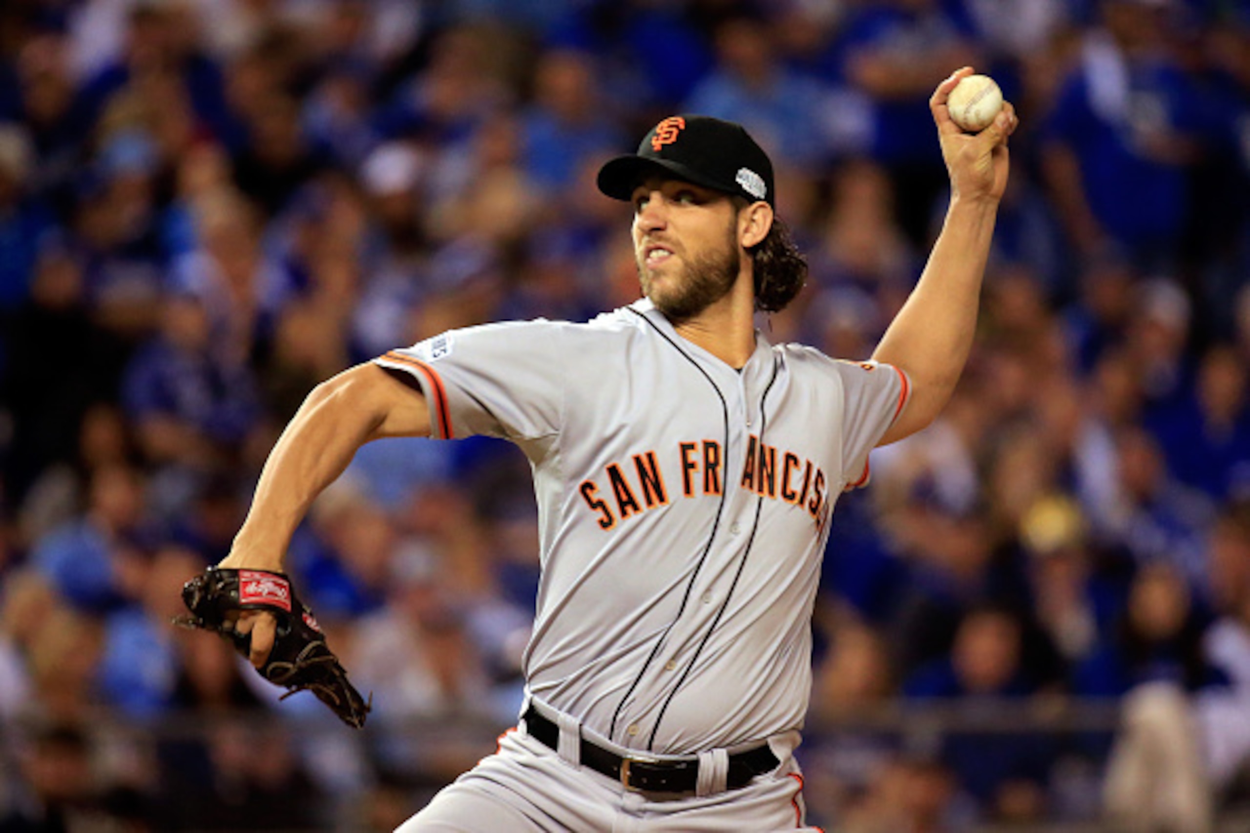 KANSAS CITY, MO - OCTOBER 21:  Madison Bumgarner #40 of the San Francisco Giants pitches in the first inning against the Kansas City Royals during Game One of the 2014 World Series at Kauffman Stadium on October 21, 2014 in Kansas City, Missouri.  (Photo 