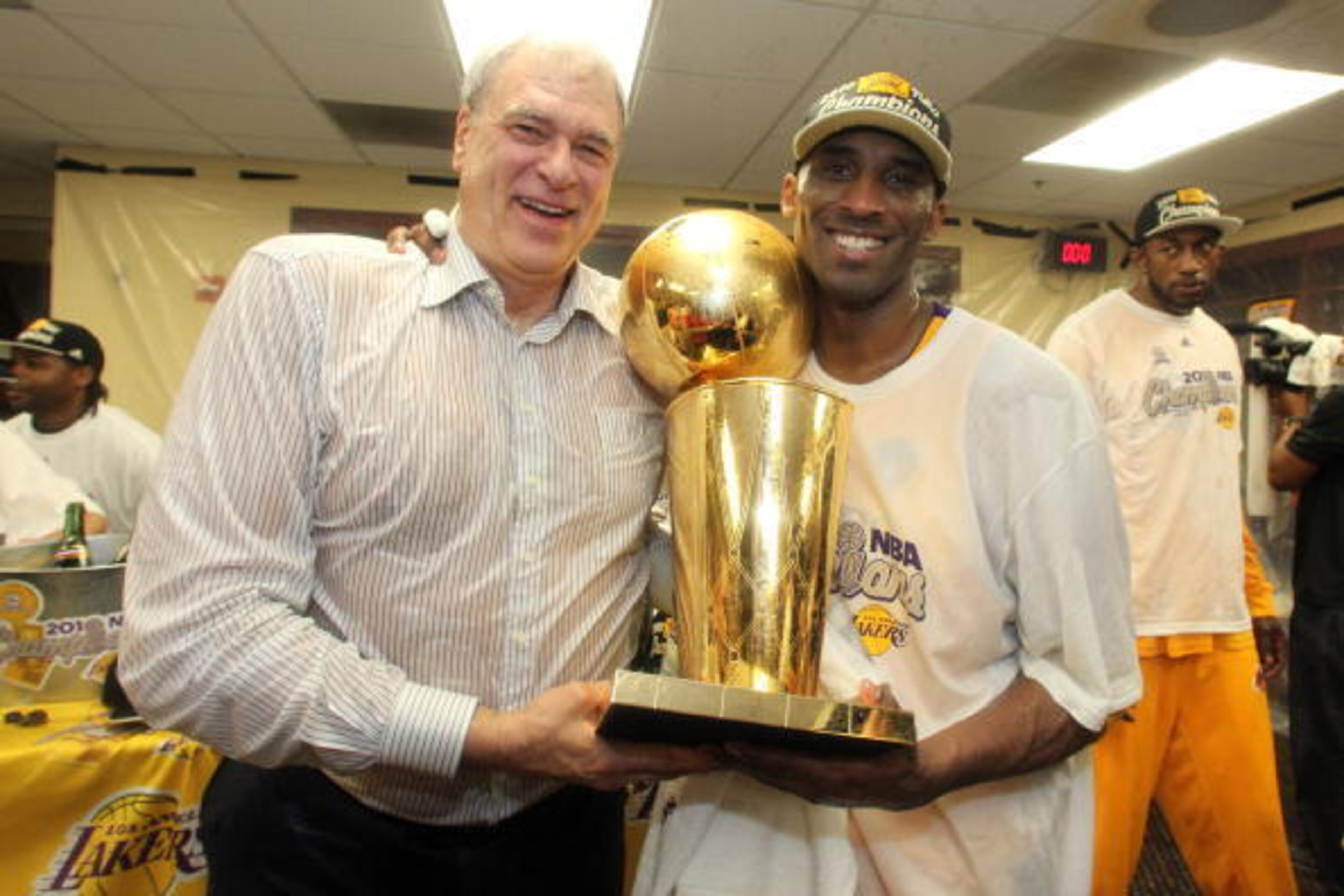 LOS ANGELES - JUNE 17:  Head Coach Phil Jackson and Kobe Bryant #24 of the Los Angeles Lakers celebrates in the locker room after Game Seven of the 2010 NBA Finals on June 17, 2010 at Staples Center in Los Angeles, California.  The Lakers defeated the Cel