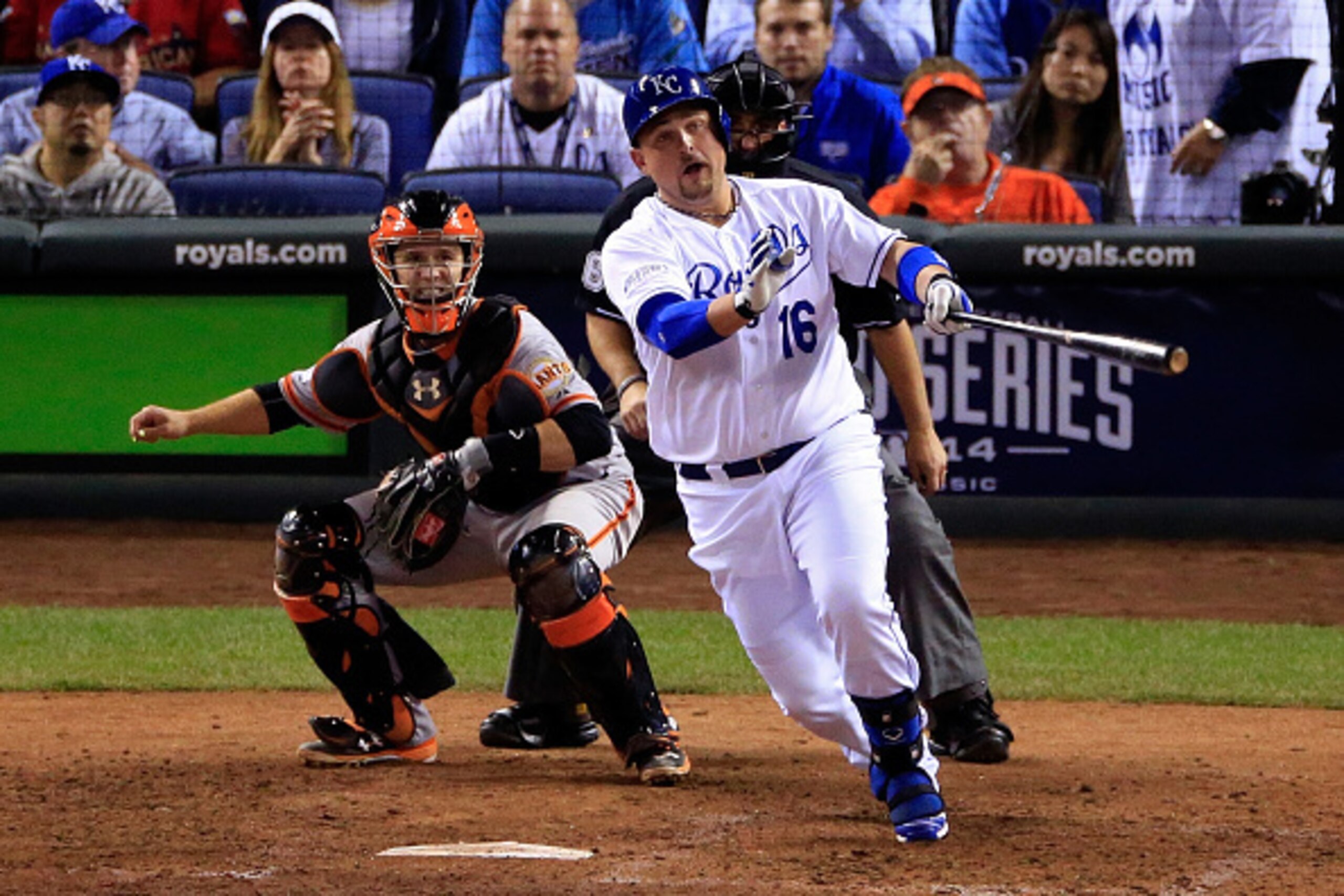 KANSAS CITY, MO - OCTOBER 22:  Billy Butler #16 of the Kansas City Royals hits an RBI single in the sixth inning against the San Francisco Giants during Game Two of the 2014 World Series at Kauffman Stadium on October 22, 2014 in Kansas City, Missouri.  (