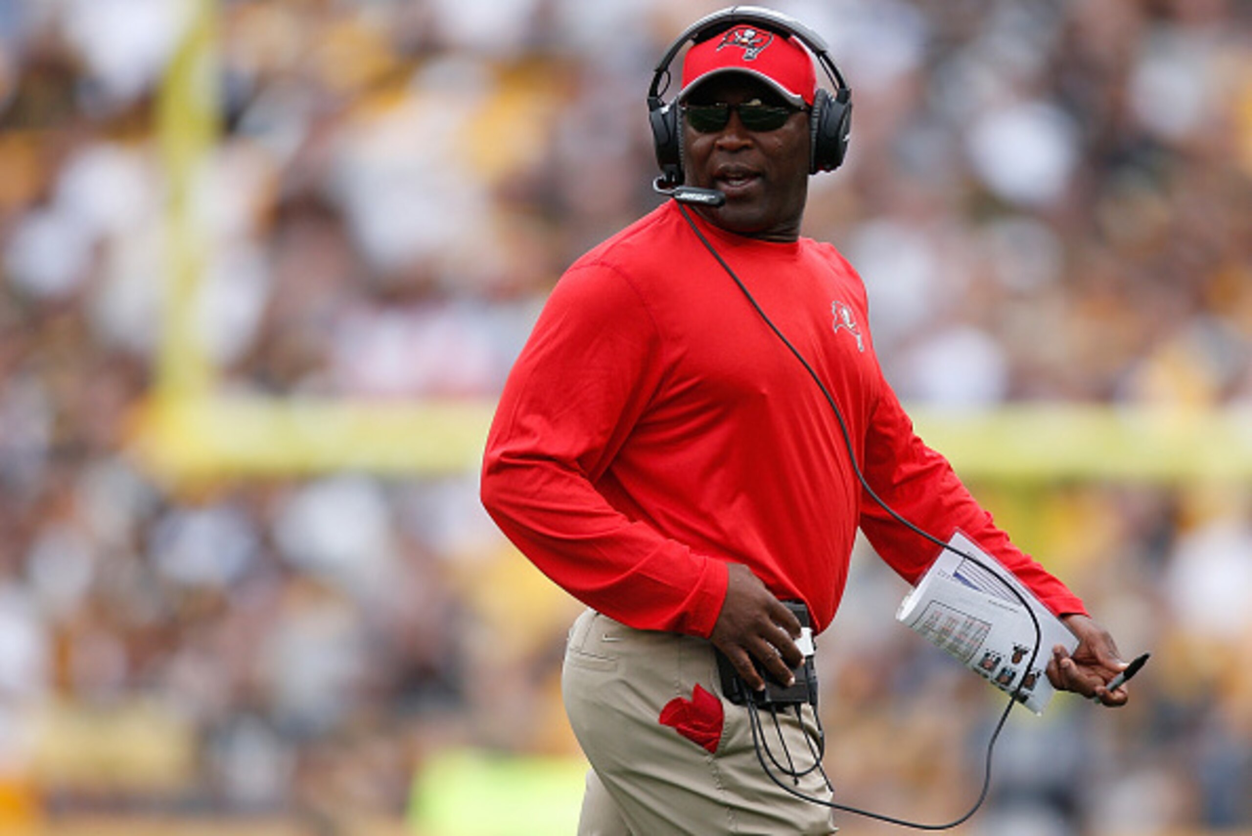 PITTSBURGH, PA - SEPTEMBER 28:  Head coach Lovie Smith of the Tampa Bay Buccaneers looks on during the first quarter against the Pittsburgh Steelers at Heinz Field on September 28, 2014 in Pittsburgh, Pennsylvania.  (Photo by Gregory Shamus/Getty Images)