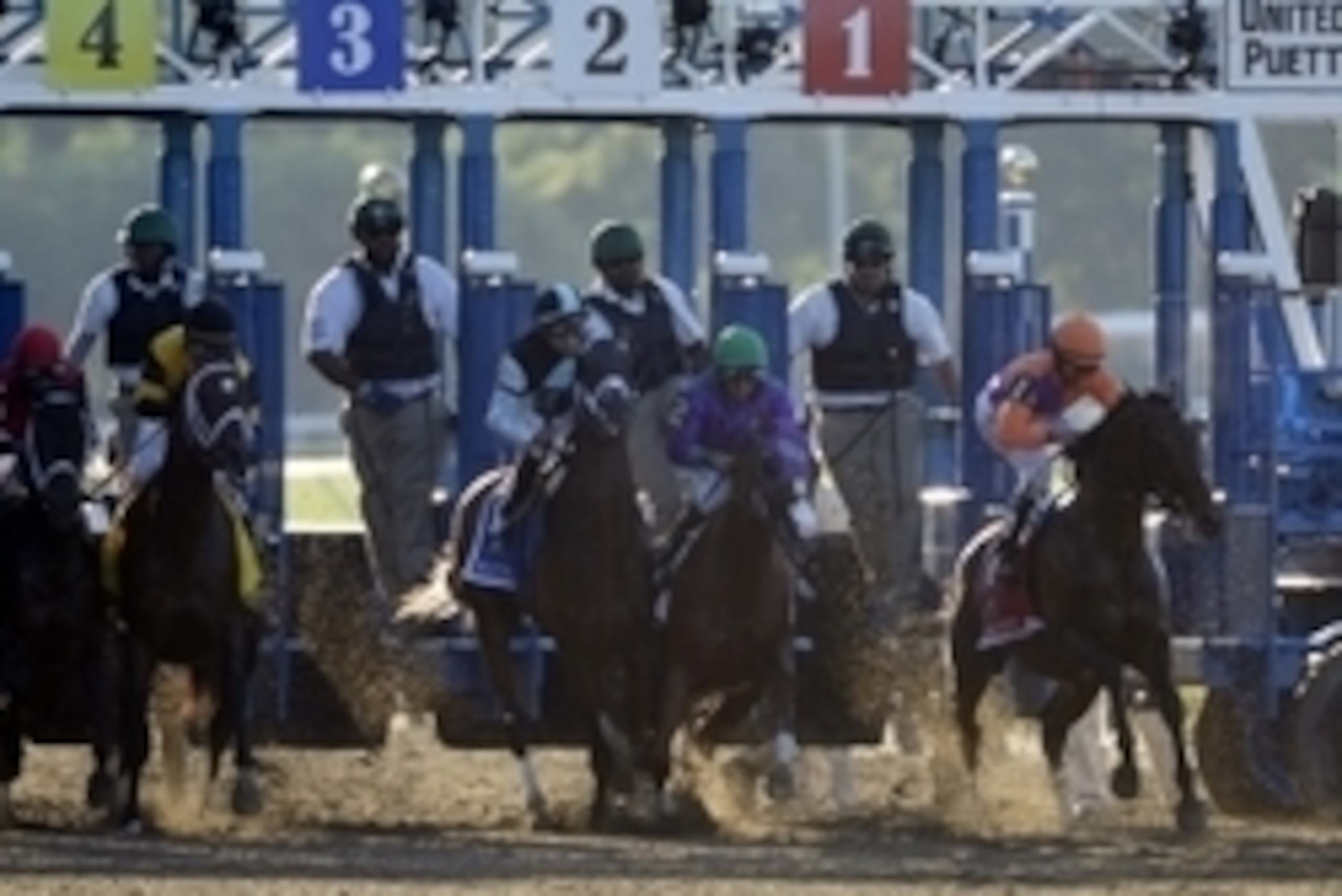 Jun 7, 2014; Elmont, NY, USA; Victor Espinoza aboard California Chrome (2) and Joe Bravo aboard Matterhorn (3) and Shaun Bridgmohan aboard Commanding Curve (4) and Robby Albarado aboard Medal Count (1) come out of the gate during the 2014 Belmont Stakes a