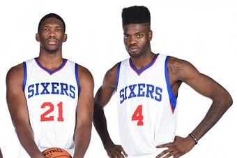 PHILADELPHIA, PA - SEPTEMBER 29:  Michael Carter-Williams #1, Joel Embiid #21, and Nerlens Noel #4 of the Philadelphia 76ers during NBA Media Day on September 29, 2014 at Wells Fargo Center in Philadelphia, Pennsylvania. NOTE TO USER: User expressly ackno