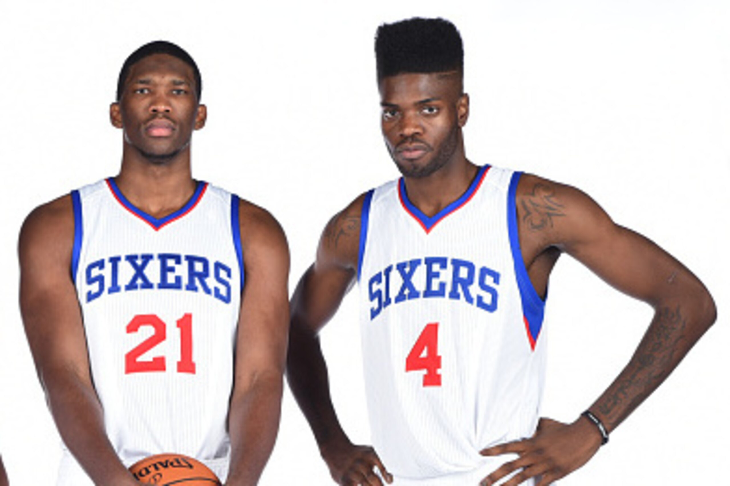 PHILADELPHIA, PA - SEPTEMBER 29:  Michael Carter-Williams #1, Joel Embiid #21, and Nerlens Noel #4 of the Philadelphia 76ers during NBA Media Day on September 29, 2014 at Wells Fargo Center in Philadelphia, Pennsylvania. NOTE TO USER: User expressly ackno