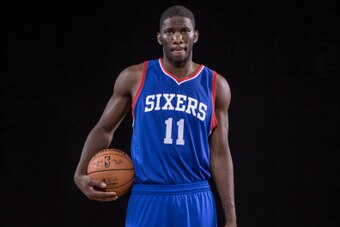 TARRYTOWN, NY - AUGUST 03: Joel Embiid #11 of the Philadelphia 76ers poses for a portrait during the 2014 NBA rookie photo shoot at MSG Training Center on August 3, 2014 in Tarrytown, New York. NOTE TO USER: User expressly acknowledges and agrees that, by