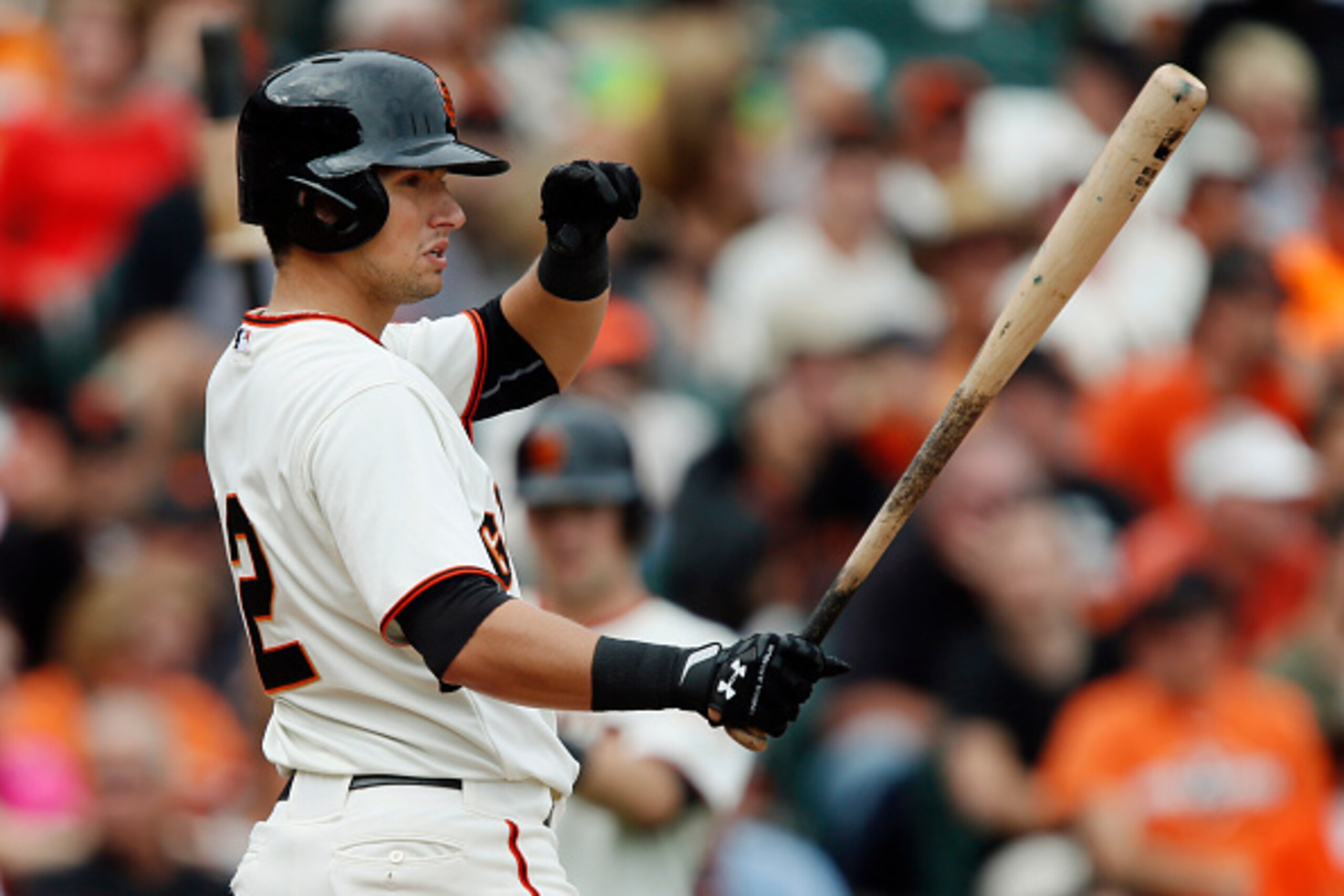 SAN FRANCISCO, CA - SEPTEMBER 28:  Joe Panik #12 of the San Francisco Giants bats against the San Diego Padres in the eighth inning at AT&T Park on September 28, 2014 in San Francisco, California.  The Giants won 9-3. (Photo by Brian Bahr/Getty Images)