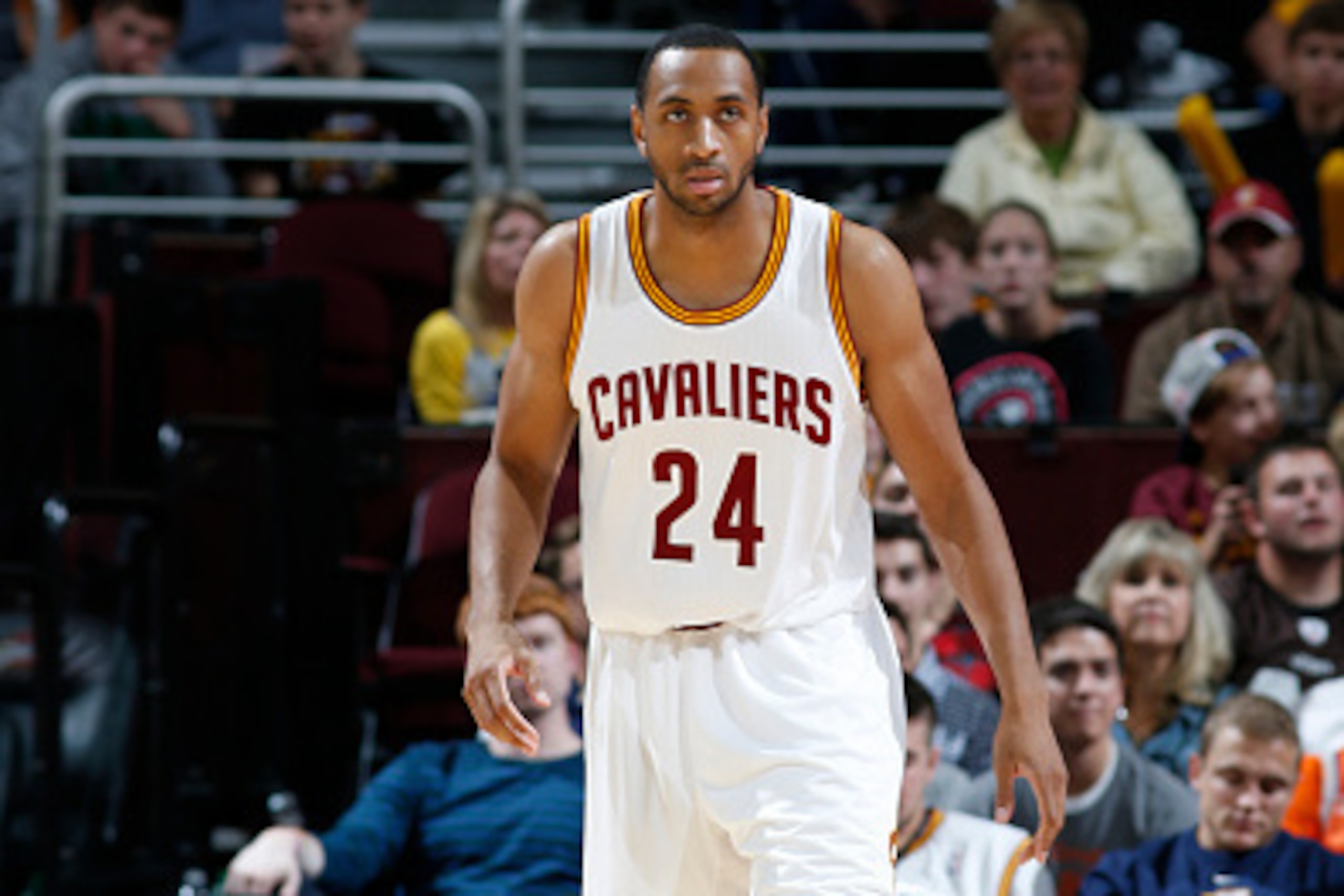 CLEVELAND, OH - OCTOBER 5:  Shane Edwards #24 of the Cleveland Cavaliers looks on during the game against Maccabi Tel Aviv at The Quicken Loans Arena on October 16, 2014 in Cleveland, Ohio. NOTE TO USER: User expressly acknowledges and agrees that, by dow
