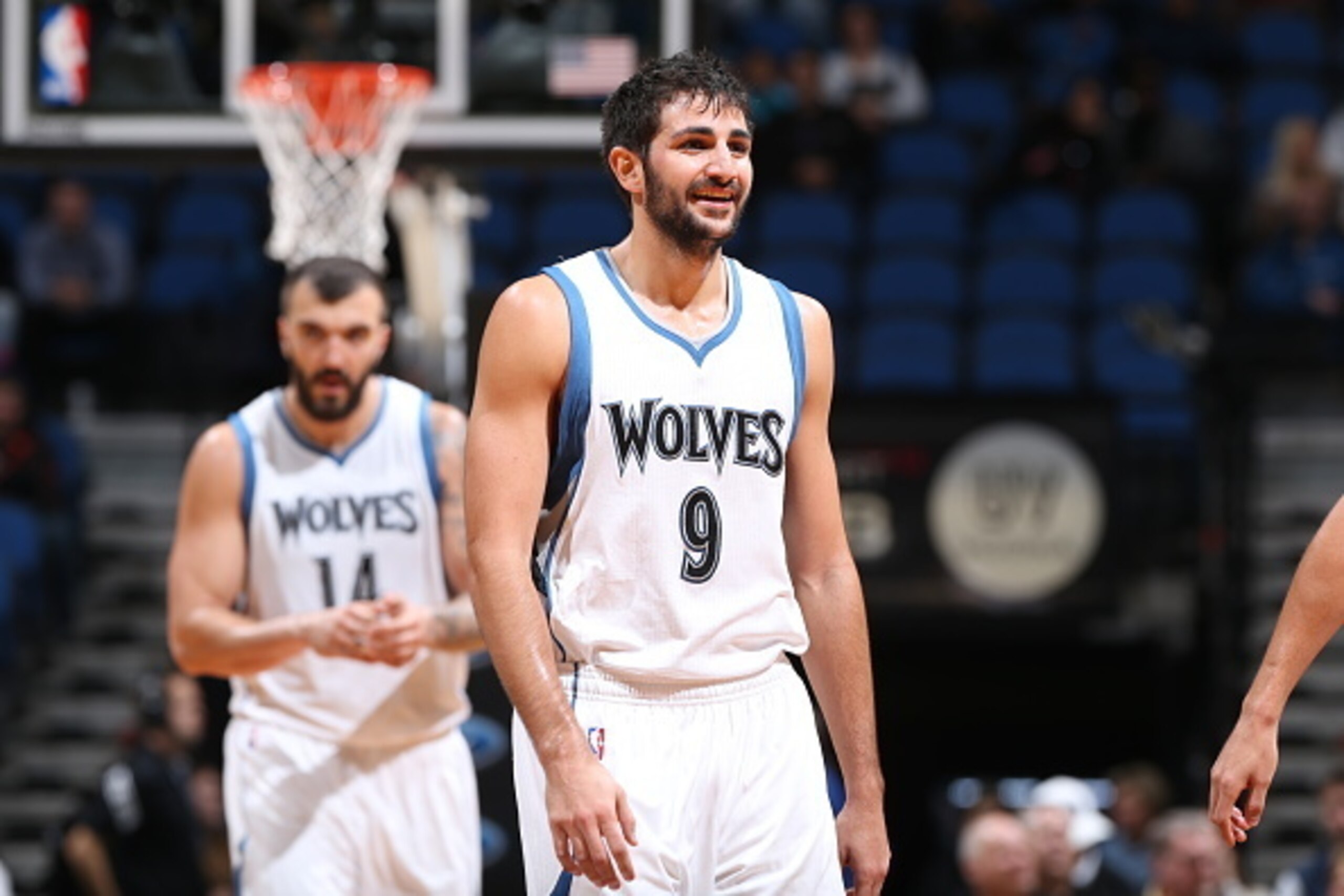 MINNEAPOLIS, MN - OCTOBER 21:  Ricky Rubio #9 of the Minnesota Timberwolves smiles during the game against the Indiana Pacers on October 21, 2014 at Target Center in Minneapolis, Minnesota. NOTE TO USER: User expressly acknowledges and agrees that, by dow
